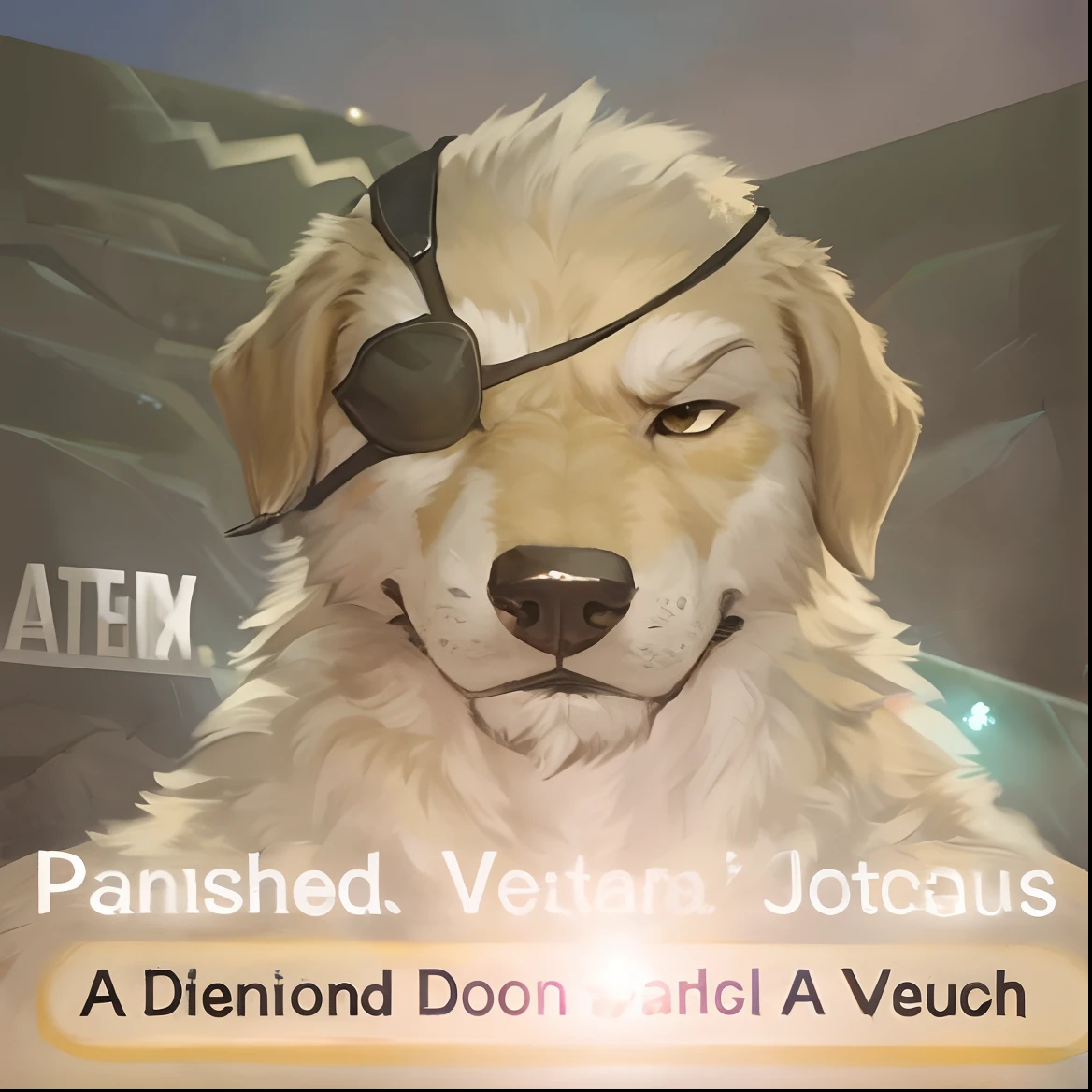 dog with goatee and rock shrapnel in head also has eyepatch, metal Gear Solid, an album cover, text saying: A Diamond Dog Without A Nation; anthropomorphic dog, distinguished, very detailed, scar on nose, scar on eye, Ross Tran,ruan jia, trending on artstation,foxovh, good anatomy, lens flare, Sun shining,