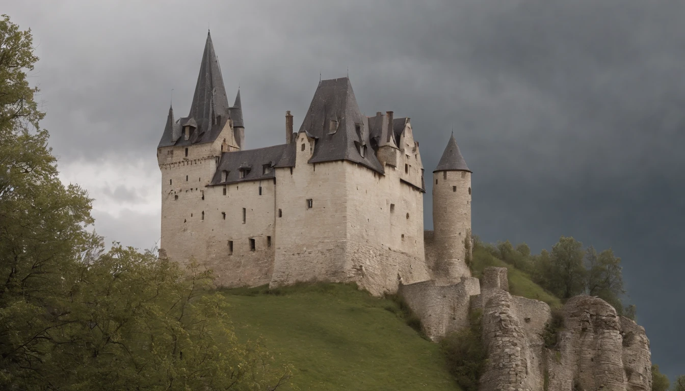 the impressive Cachtice Castle in the 1600's, gothic castle tower standing in a dreary day, medieval eastern europe, one carved stone window at the stop, sense of mystery and eeriness, danger, a taboo place, cinematic, 8k, gothic horror film, cinematic scene from film, cinematic in the style of Dion Beebe