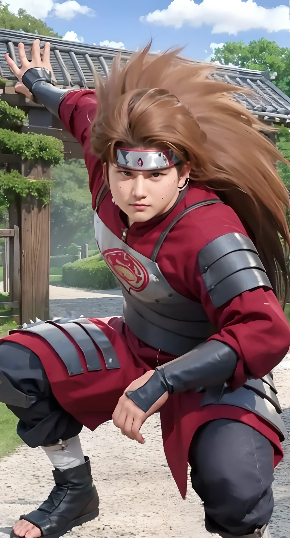 Real life adaption of this character , handsome With chubby cheeks,realistic same long thick spiky hair , (realistic same outfit ,there is many plate iron on his outfit), realistic same background , realistic light, realistic shadow, realism, hyper realistic,(photorealistic:1.2), realistic same headband