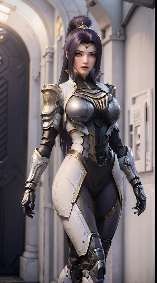 (Devour the starry sky), (1girll,Solo:2), (Super detailed face), ((Big buttocks, huge fake breasts:1.5)), (top:1.5), (11-line abs mothermus:1.4), (Mecha armguards:1.4), ((WEAR A PURPLE WHITE OVERWATCH MECHANICAL ARMOR CROP TOP, Black mechanical skinny suit pants, Mecha guards armored legs, High heels:1.5)), (of sexy bodies:1.3), (Glowing skin:0.8), (Long legs, full bodyesbian:1.1), (view the viewer:1.3), (female focus:0.886), (walking down hallway of futuristic space station:1), (Bright light white_Room:1.3), Super texture, unreal engine rendered, Physically-based rendering, hyper HD, 16k, 1080p.