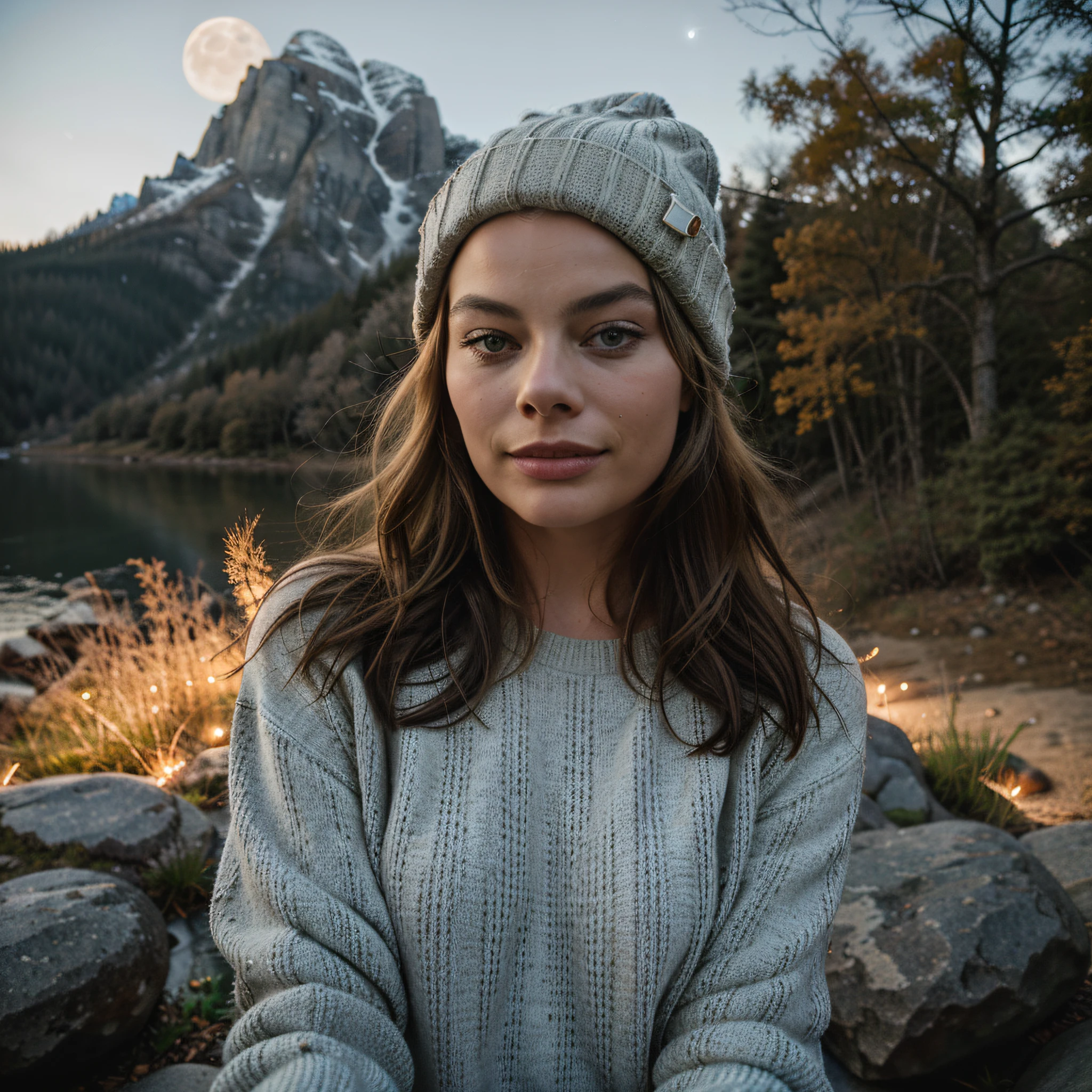 Margot Robbie, photorealistic, best quality, hyper detailed, beautiful woman, selfie photo, upper body, solo, wearing pullover, outdoors, (night), mountains, real life nature, stars, moon, (cheerful, happy), sleeping bag, gloves, sweater, beanie, flashlight, forest, rocks, river, wood, smoke, fog, clear sky, analog style, looking at viewer, skin texture, film grain, close up, ultra high res, best shadow, RAW, instagram LUT