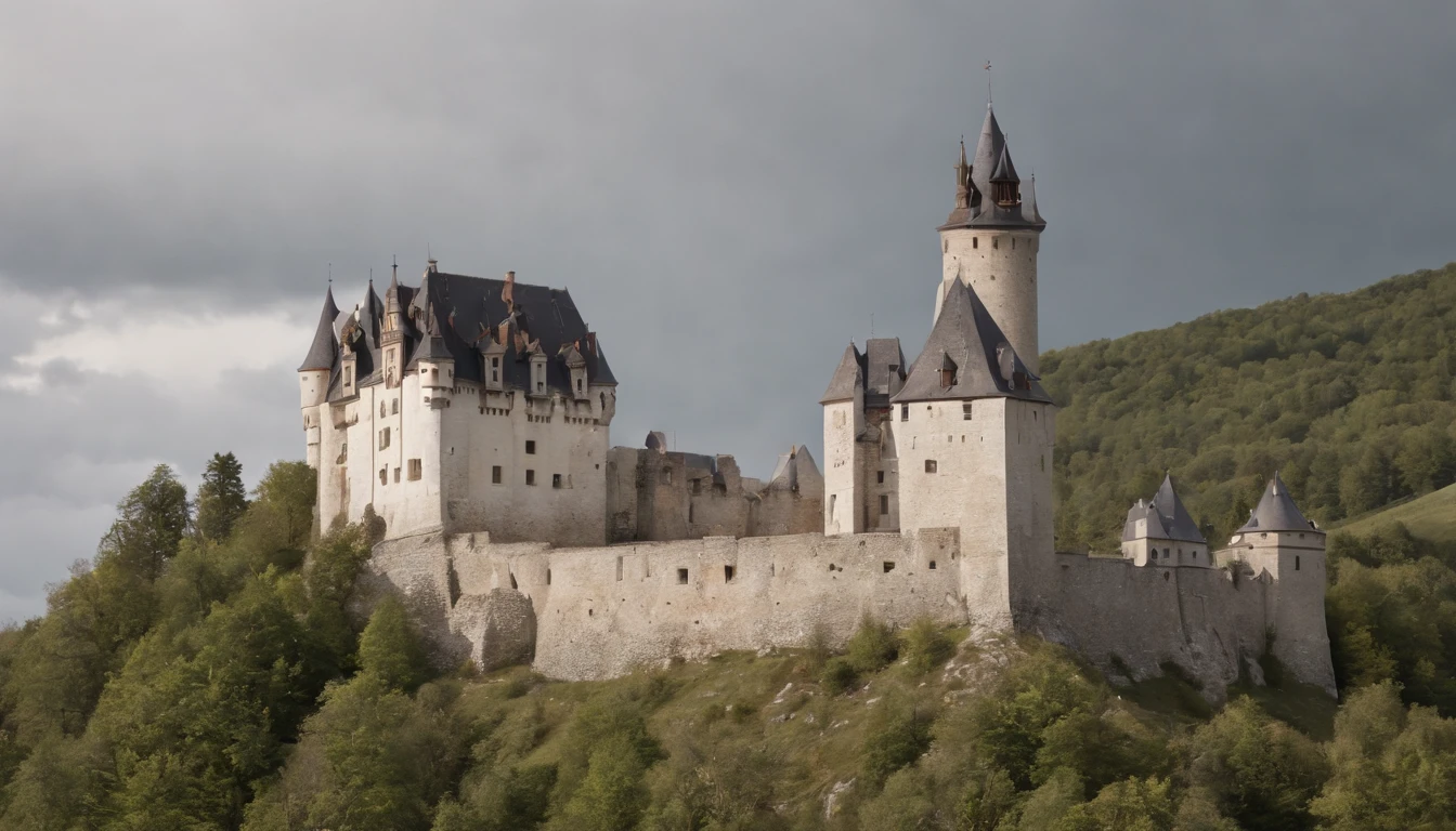 the impressive Cachtice Castle in the 1600's, gothic castle tower standing in a dreary day, medieval eastern europe, one carved stone window at the stop, sense of mystery and eeriness, danger, a taboo place, cinematic, 8k, gothic horror film, cinematic scene from film, cinematic in the style of Dion Beebe