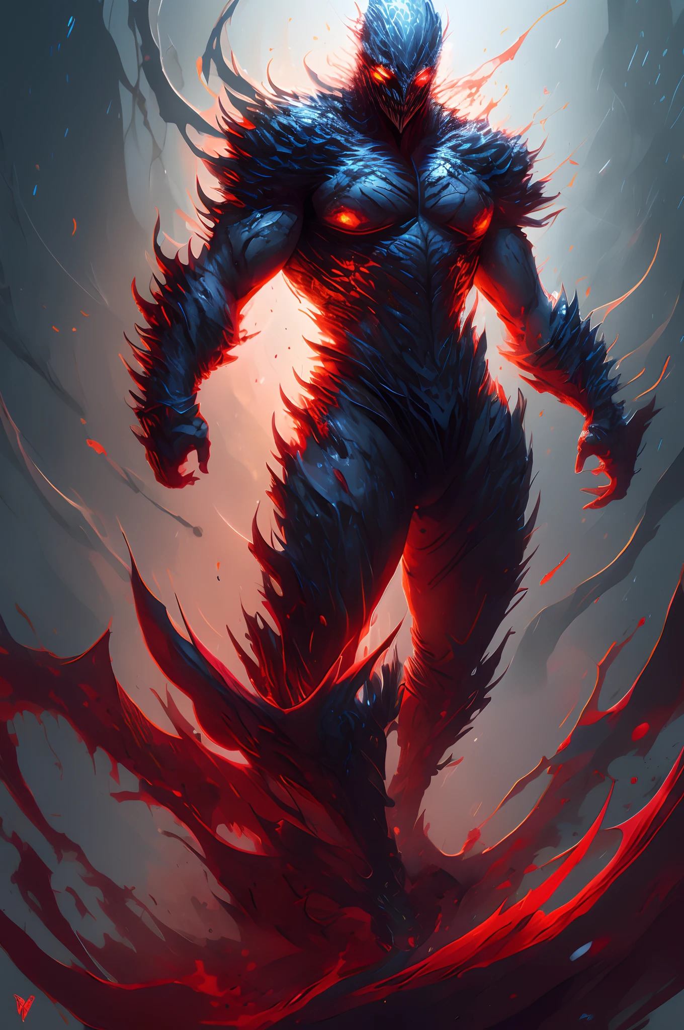 Carnage, humanoid symbiote with a creepy broad smile showing sharp teeth, large white eyes and red pupils, jagged tongue sticking out. Intricately textured crimson and black biomass covers his body, wispy tendrils flow off his shoulders and head, muscular powerful build, claw-tipped fingers. Dramatic backlighting, rendered in digital painting reminiscent of Marvel's official concept art style.