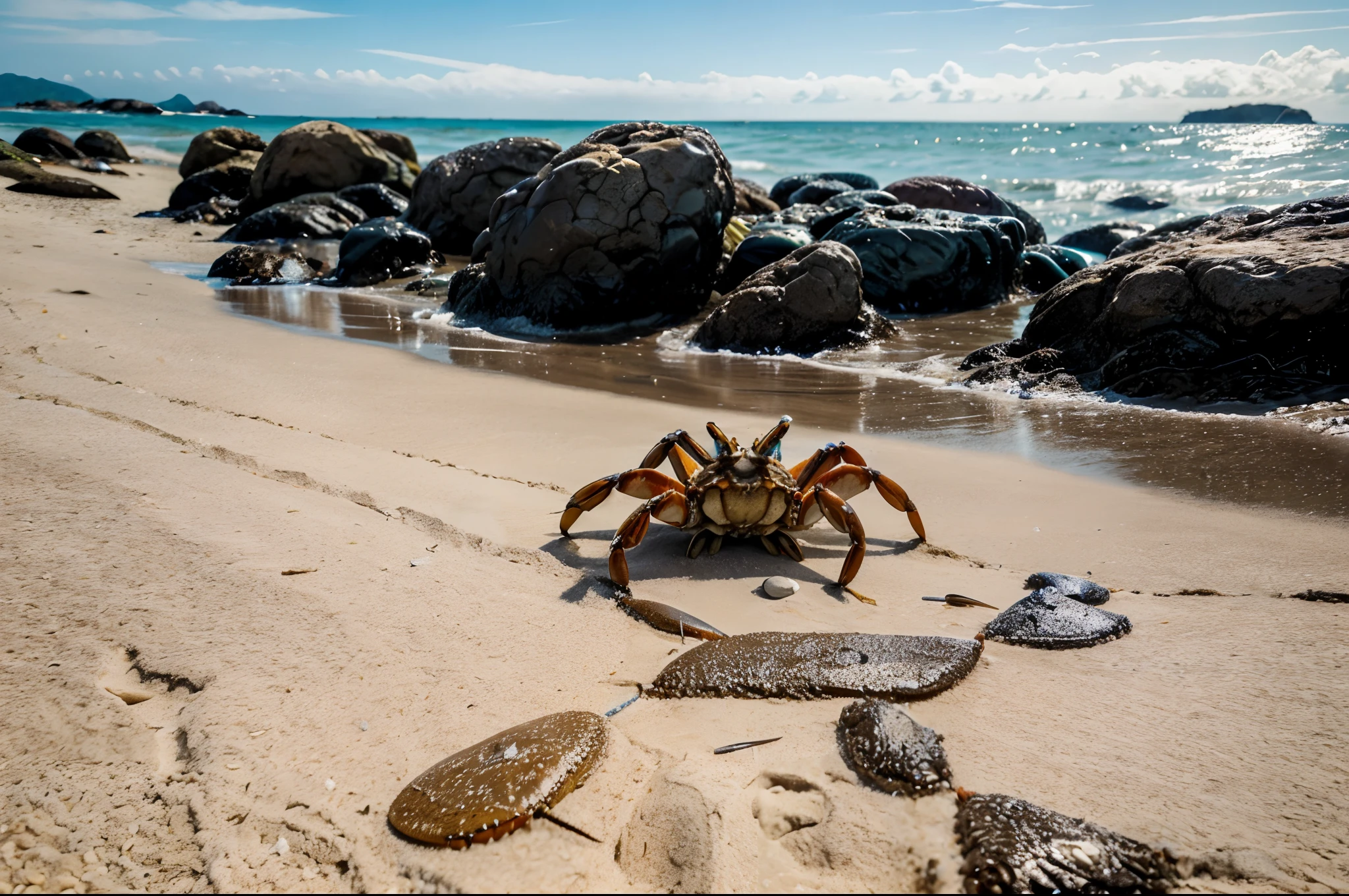 a documentary photo of a crowd of crabs on the seashore. Hundreds of crabs walk on the sand, they pass between the rocks, daylight, photorealistic, hi-res, low angle, in the photo the crabs are in the foreground, the photographic lens in focus on the claws.