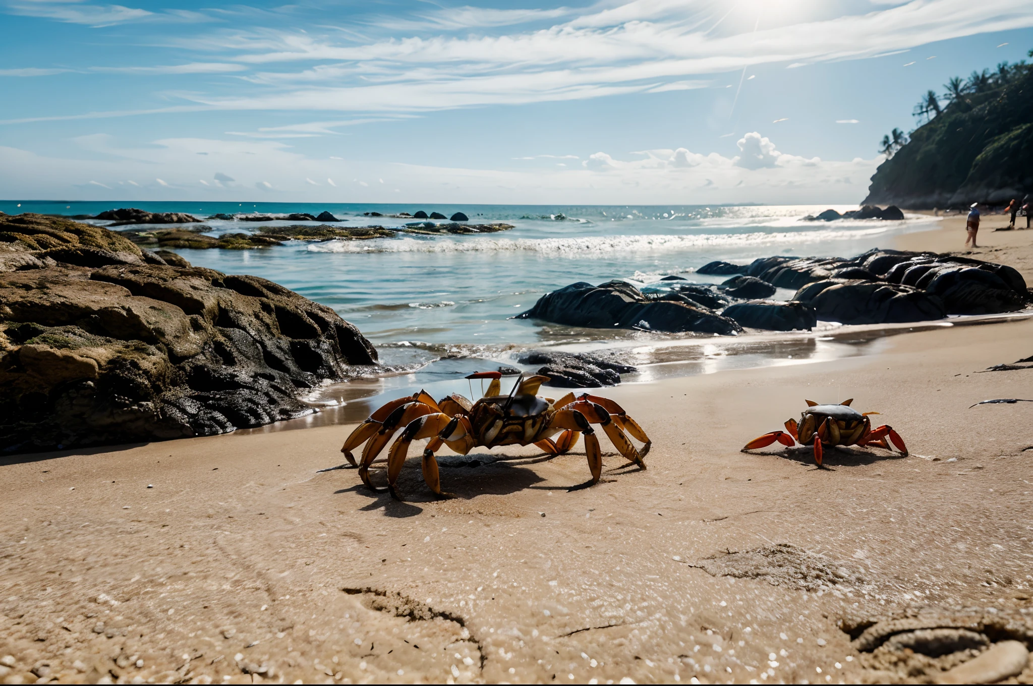 a documentary photo of a crowd of crabs on the seashore. Hundreds of crabs walk on the sand, they pass between the rocks, daylight, photorealistic, hi-res, low angle, in the photo the crabs are in the foreground, the photographic lens in focus on the claws.