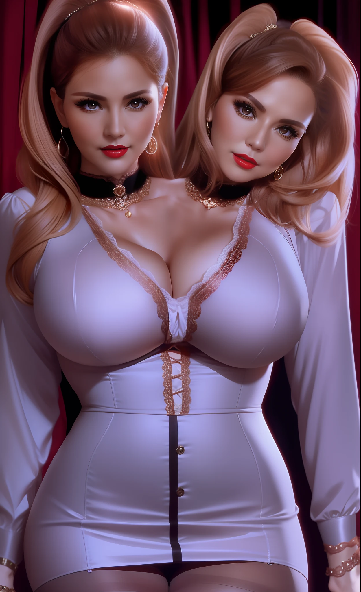 2 heads,Photo of a 50-year-old woman with brown hair, a captivating gaze, Brown eyes, Wrinkles on her face, Black pantyhose,Black High Heel Boots,She wears very sexy lingerie underwear、、Revealing her large sagging breasts, Light makeup and red lips. 32K