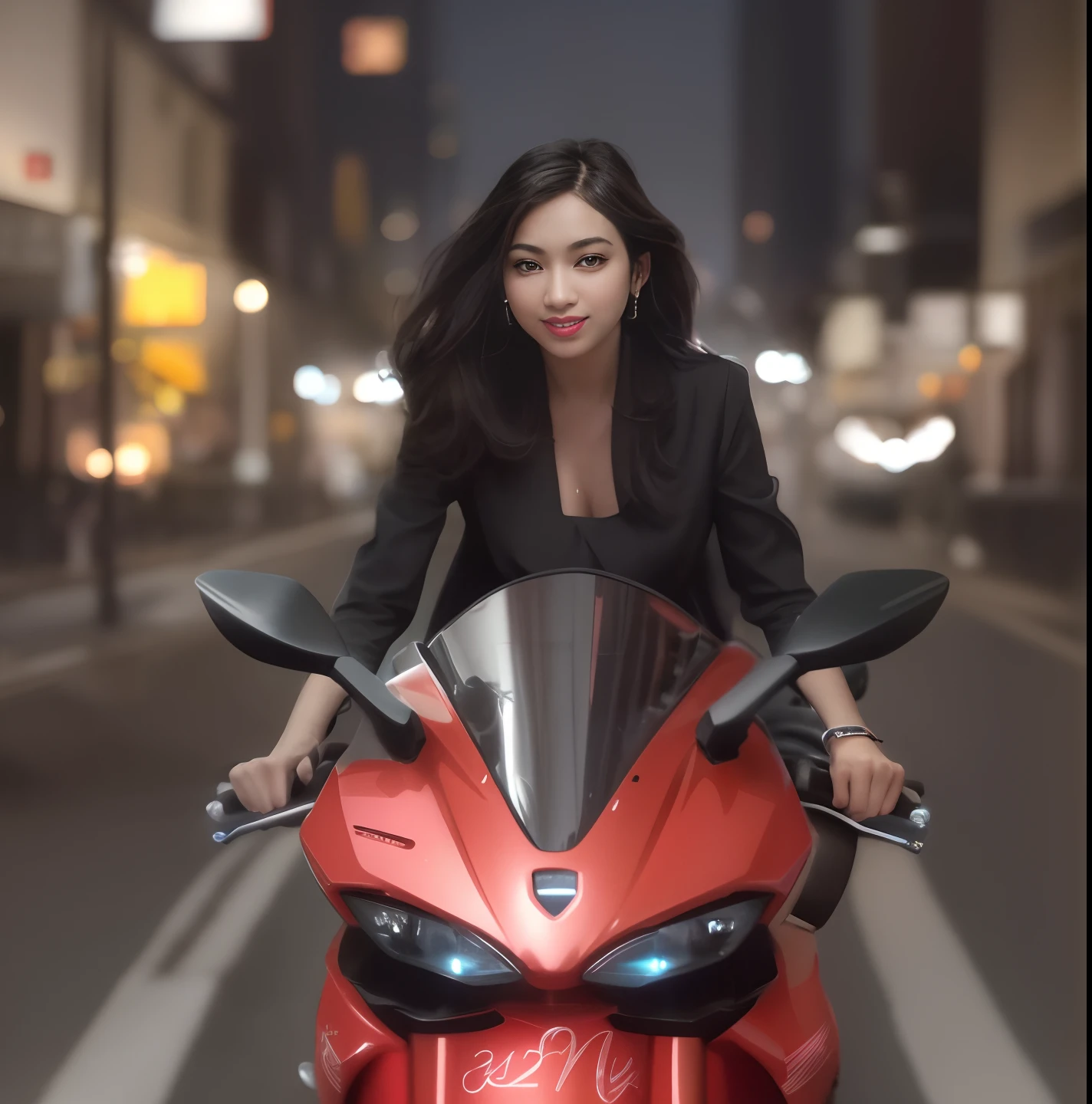 Highest image quality, outstanding details, ultra-high resolution, (realism: 1.4), the best illustration, favor details, highly condensed 1girl, with a delicate and beautiful face, dressed in a black and fuschia mecha, holding a directional controller, riding on a motorcycle, the background is a high-tech lighting scene of the future city.