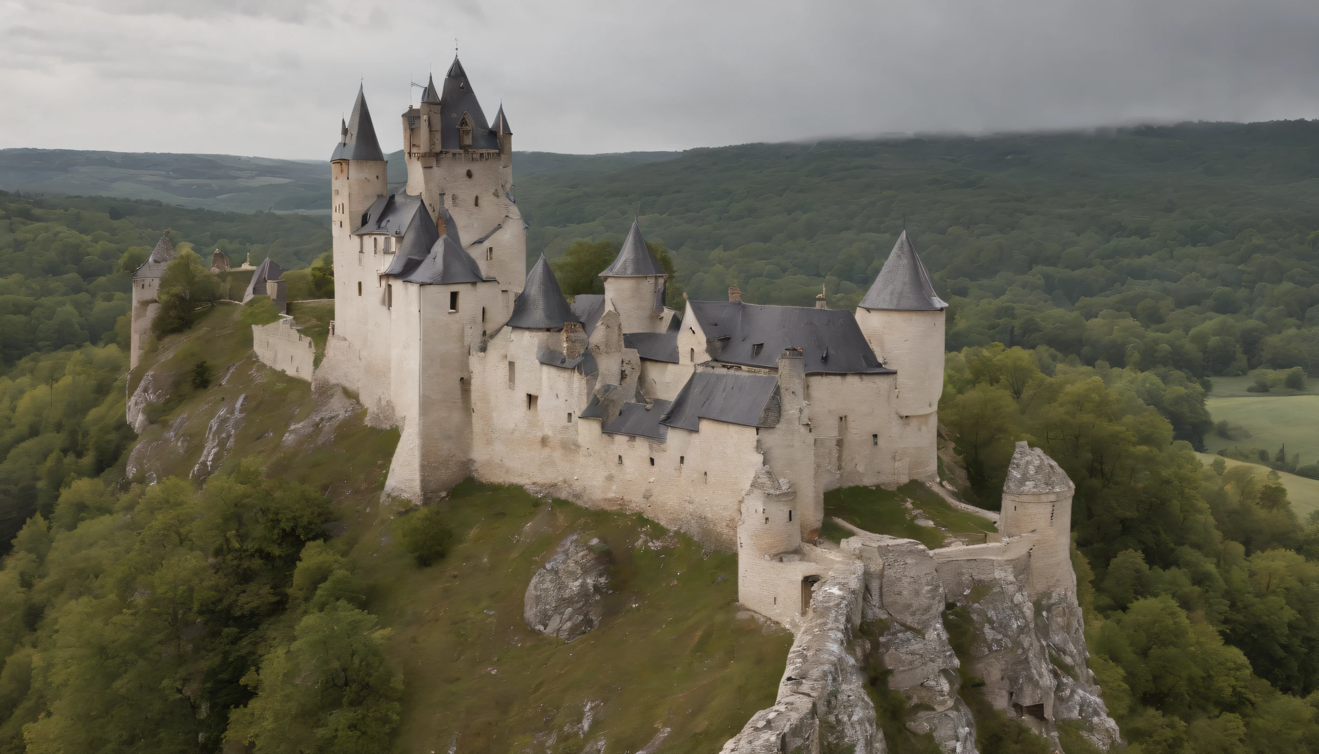 the impressive Cachtice Castle in the 1600's, gothic castle tower standing in a dreary day, medieval eastern europe, one carved stone window at the stop, sense of mystery and eeriness, danger, a taboo place, cinematic, 8k, gothic horror film, cinematic scene from film, cinematic in the style of Dion Beebe