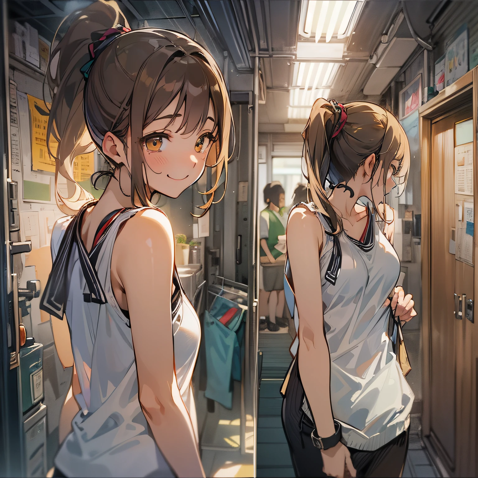 masterpiece、top-quality、(brown long ponytail:1.1)、20-year-old yellow-eyed woman、japanese comic book、white tank tops、Clothes are sheer、Exposed skin a lot、(emphasis on large breasts:1.1)、(A smiling expression of embarrassment:1.3)、(Close-up of the subject's face:1.3)、(Staring:1.3)、The background is the corridor of an apartment at night、Bold composition、Upper body is shown、Alone、
