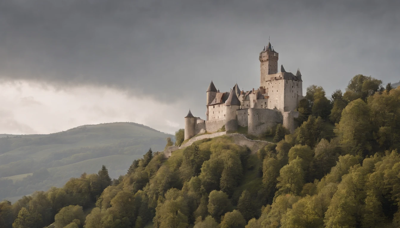 the impressive Cachtice Castle in the 1600's, gothic castle tower standing in a dreary day, medieval eastern europe, one carved stone window at the stop, sense of mystery and eeriness, danger, a taboo place, cinematic, 8k, gothic horror film, cinematic scene from film, cinematic in the style of Dion Beebe