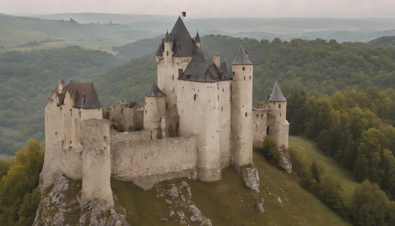 the impressive Cachtice Castle in the 1600's, gothic castle tower standing in a dreary day, medieval eastern europe, one carved stone window at the stop, sense of mystery and eeriness, danger, a taboo place, cinematic, 8k, gothic horror film, cinematic scene from film, cinematic in the style of Dion Beebe