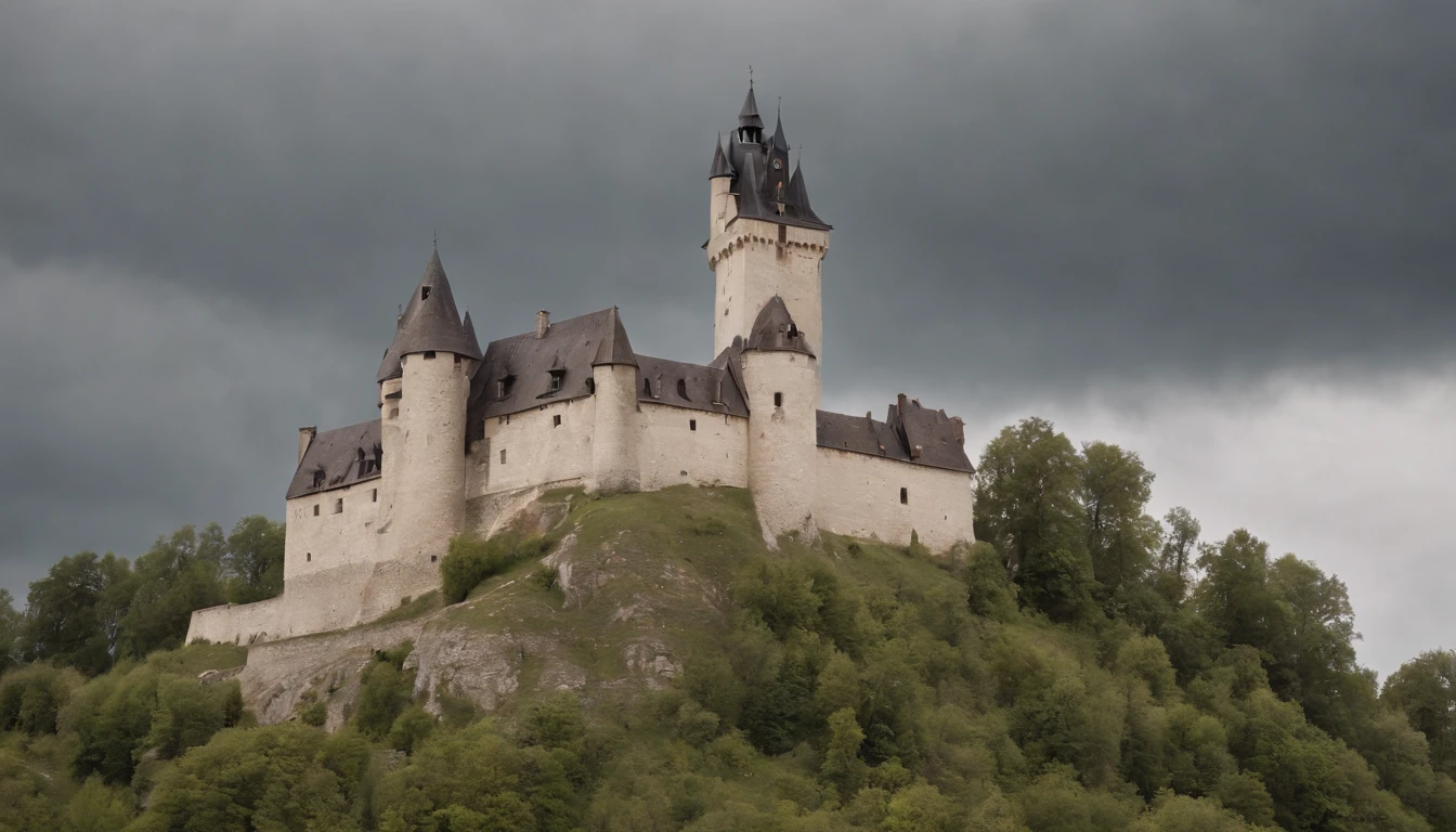 the impressive Cachtice Castle in the 1600's, gothic castle tower standing in a dreary day, medieval eastern europe, one carved stone window at the stop, sense of mystery and eeriness, danger, a taboo place, cinematic, 8k, gothic horror film, cinematic scene from film, cinematic in the style of Dion Beebe