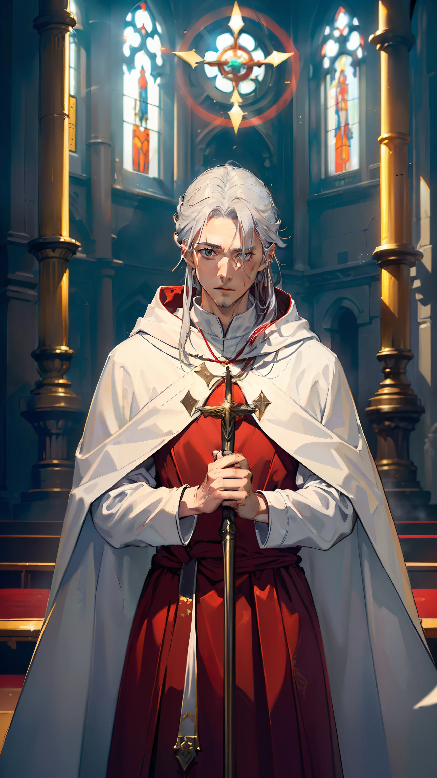 (((((male))))), masterpiece, ultra detailed, 8K Portrait, Raw photo, man's portrait photography, ((cowboy shot)), Highly detailed face, ((Fantasy)), gentle ((middle age)) man, 47 years old, 1 man, (((priest))), standing with hands together, (((long gray hair tied back))), Hooded (((white and red silk long cloak))) Fluttering in the wind, (((white priest uniform)), ((equip a priest gold rod)), Midday Sun, Hyper realistic, Long legs, In the church, Ambient lighting, Shadow details , Camera focus on face, strong breeze, Light fog