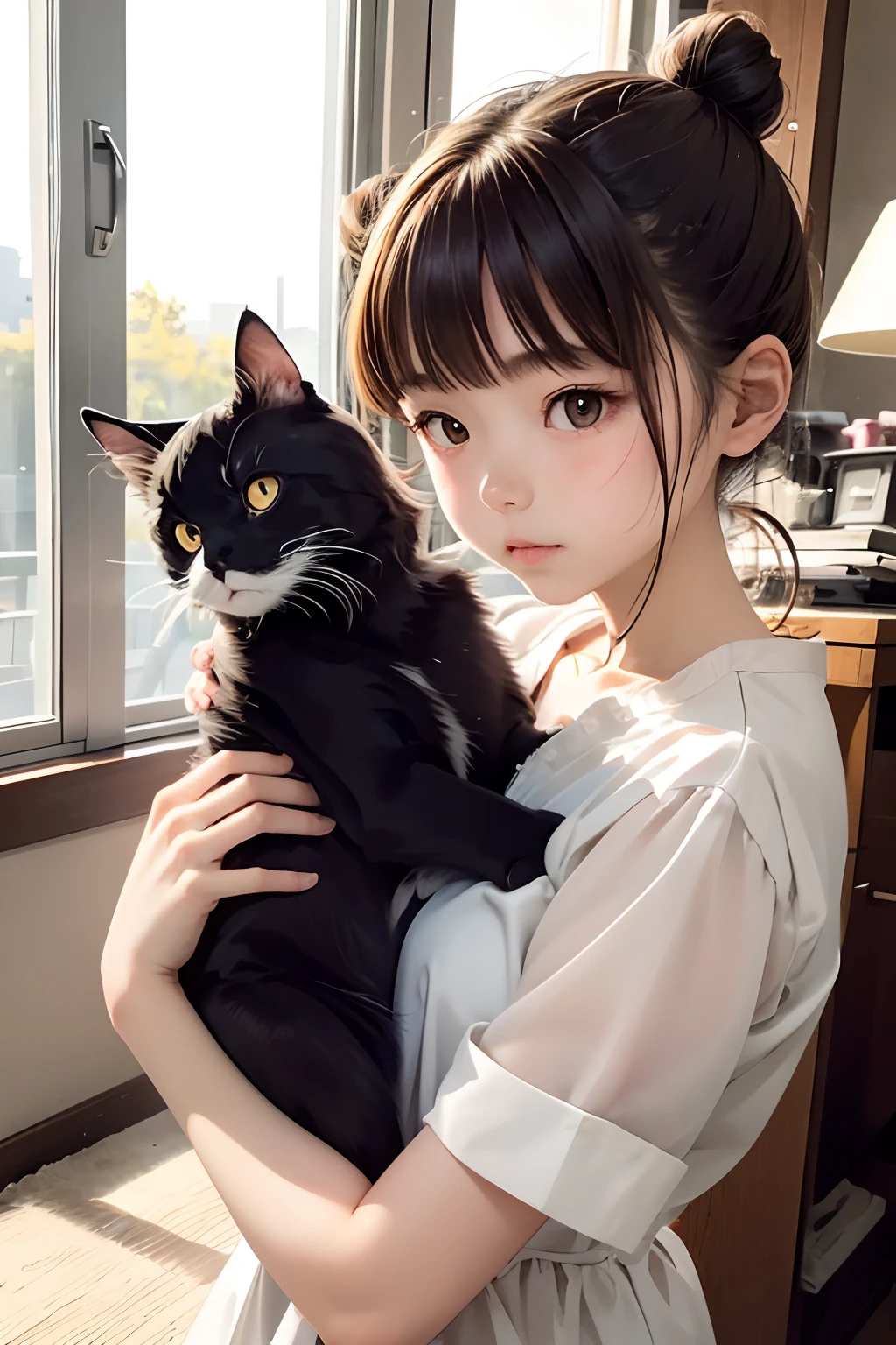 top-quality、Girl holding a black cat、Cute 14 year old girl、Bun hair with brown hair tied、Black cat、Natural look、longshot、Natural light