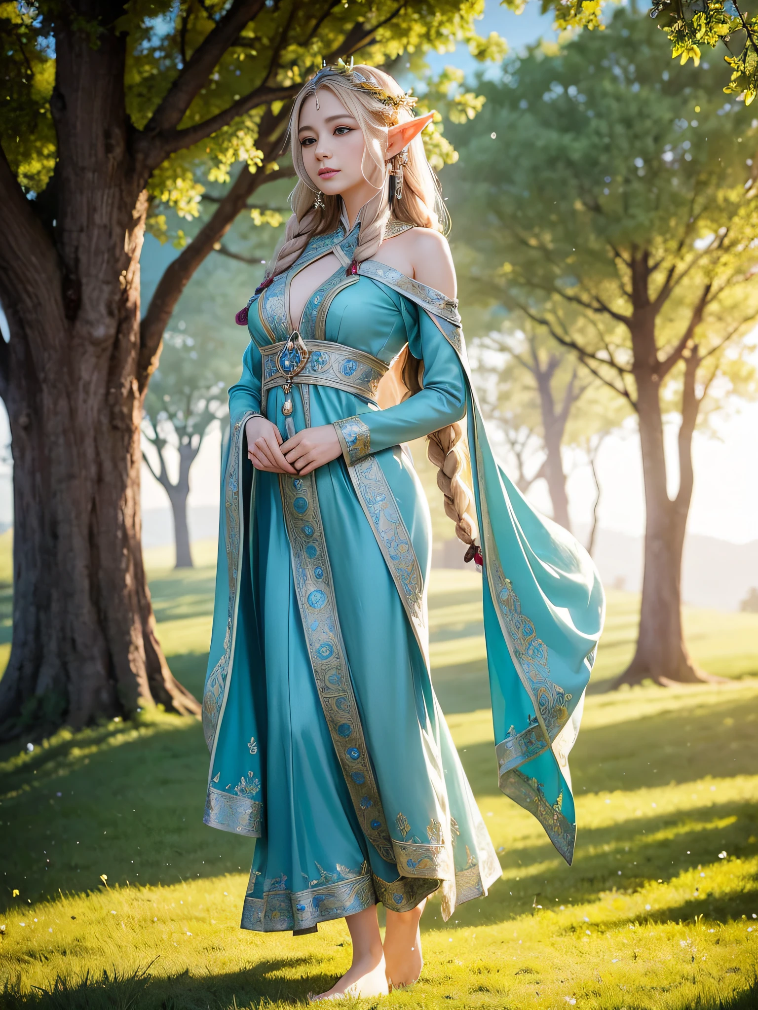 Graceful elven girl standing in the meadow, Rosto delicado iluminado pela luz suave do sol poente. Seu longo, Flying hair runs down your back, Decorated with intricate braids、Adornado com pedras preciosas cintilantes. This great photo is、、、It captures the ethereal beauty of elves. Figura esbelta no vestido de seda、Swaying in the gentle steppe breeze. attention to detail、Dude that's、Dude that's、Dude that's、Dude that's、This is evident in the dress's intricate patterns and subtle luminescence highlights.. pele. The elven girl's breathtaking portrait is、、、、、Crie uma atmosfera encantadora、Invites the viewer into a magical world.