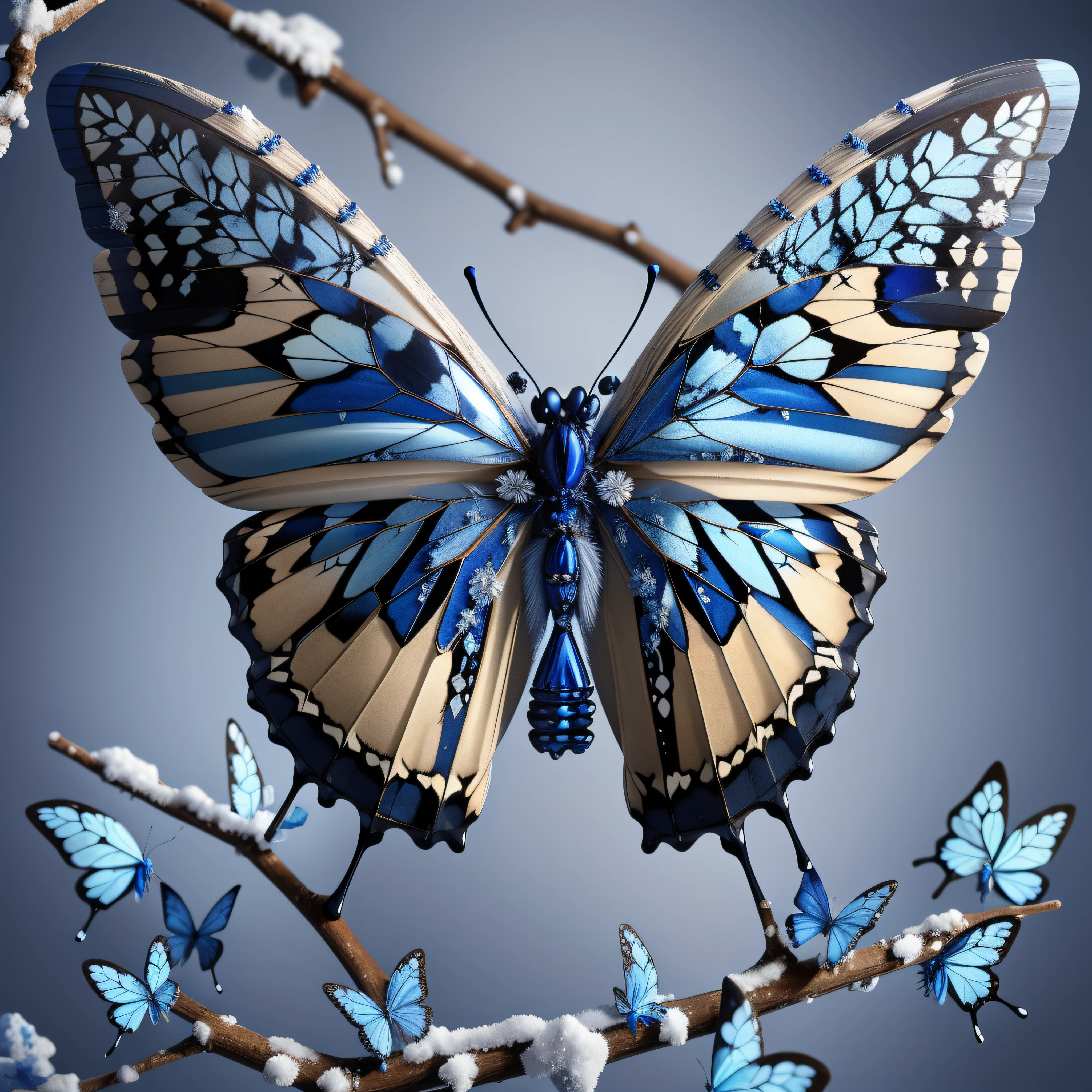 cobalt blue butterfly made of marble || marble, masterpiece, perfect quality, sharp focus, shallow depth of field, highly intricate, fractal detail, resting on a branch covered in rime ice crystals, 8k