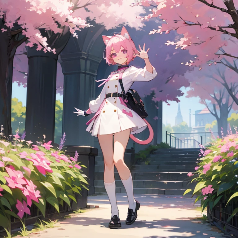 colorful,(masterpiece:1,2), best quality, masterpiece, highres, original, extremely detailed wallpaper, 1girl ,smile,solo, light pink hair, short hair, purple eyes, cat ears, cat tail, original_outfits, grey and white outfit, black shoes, White long socks, gloves, normal body, uniform, park, afternoon, stand up, Pink cheeks, park background, waving, smiling, happy,
