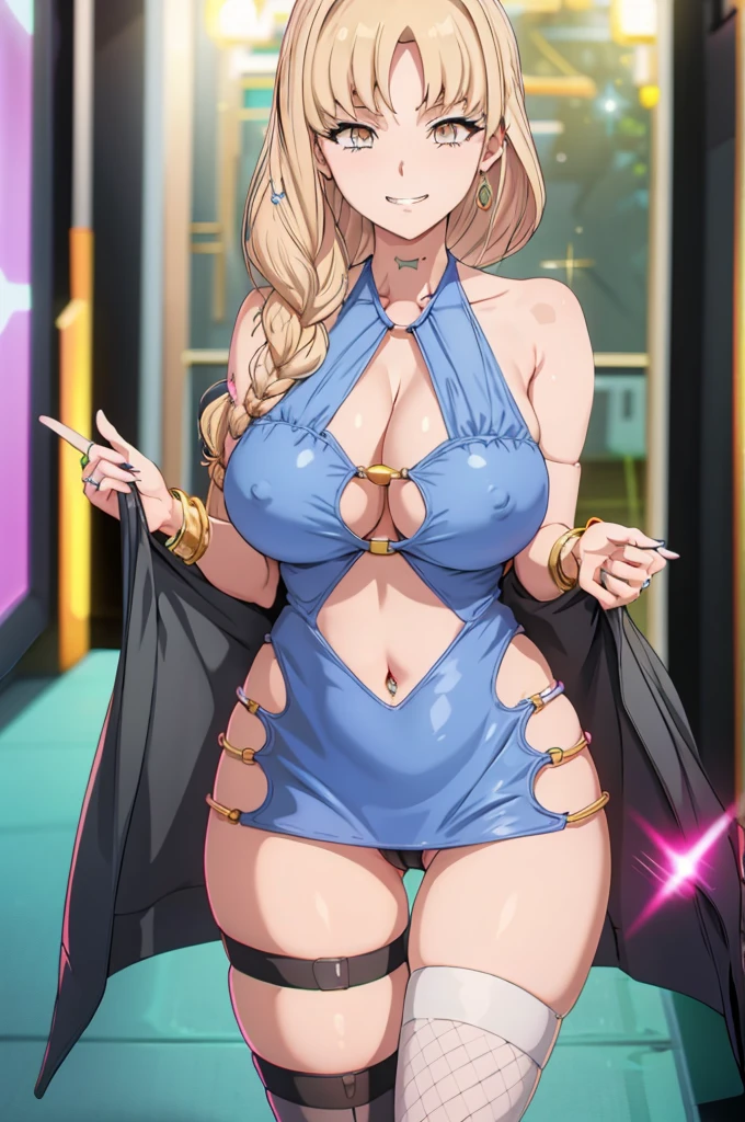 Cieldiva1, braid, bracelet, thighhighs, makeup, mascara, evil grin, smirk 1girl, solo, blonde hair, (microdress), (golden), (bodycon), blush, eyeslashes, cleavage, navel, (face focus), corruption, (o-ring:1.2), jewelry, necklace, waist cutout, miniskirt, spread legs BREAK masterpiece, best quality, glowing skin, mature figure, voluptuous body, shiny skin, mature women, gigantic hanging breasts, from the front, (chromatic aberration, intricate details), dynamic angle, 40K, HDR, highres,