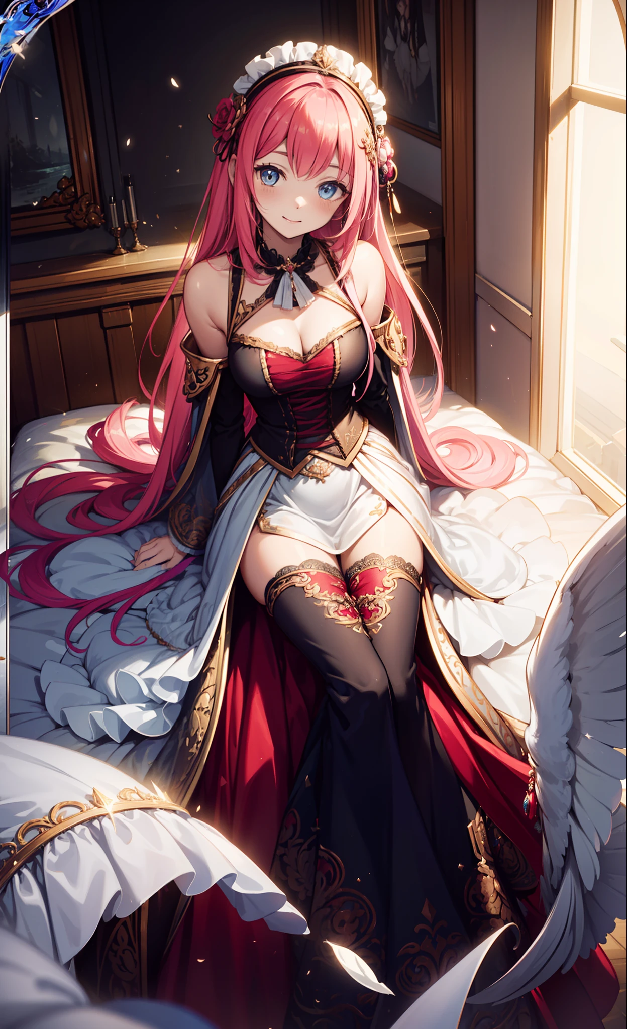 (Best quality, A high resolution, Textured skin, High quality, High details,Extremely detailed CG unity),s girl，Enchanted，Divine happiness，Being in love，(Light Victorian dress:1.2)，Pink hair，eBlue eyes，(Fabric headdress)，Maximalism，Multiple layers of delicate ruffles，Lots of lace，Multi-colored cloth，Delicate embroidery，Delicate pattern，Fabric headdress，exquisite costumes，see-through transparent clothes，Bedrooms，the night，solo person，Fluttering skirt，