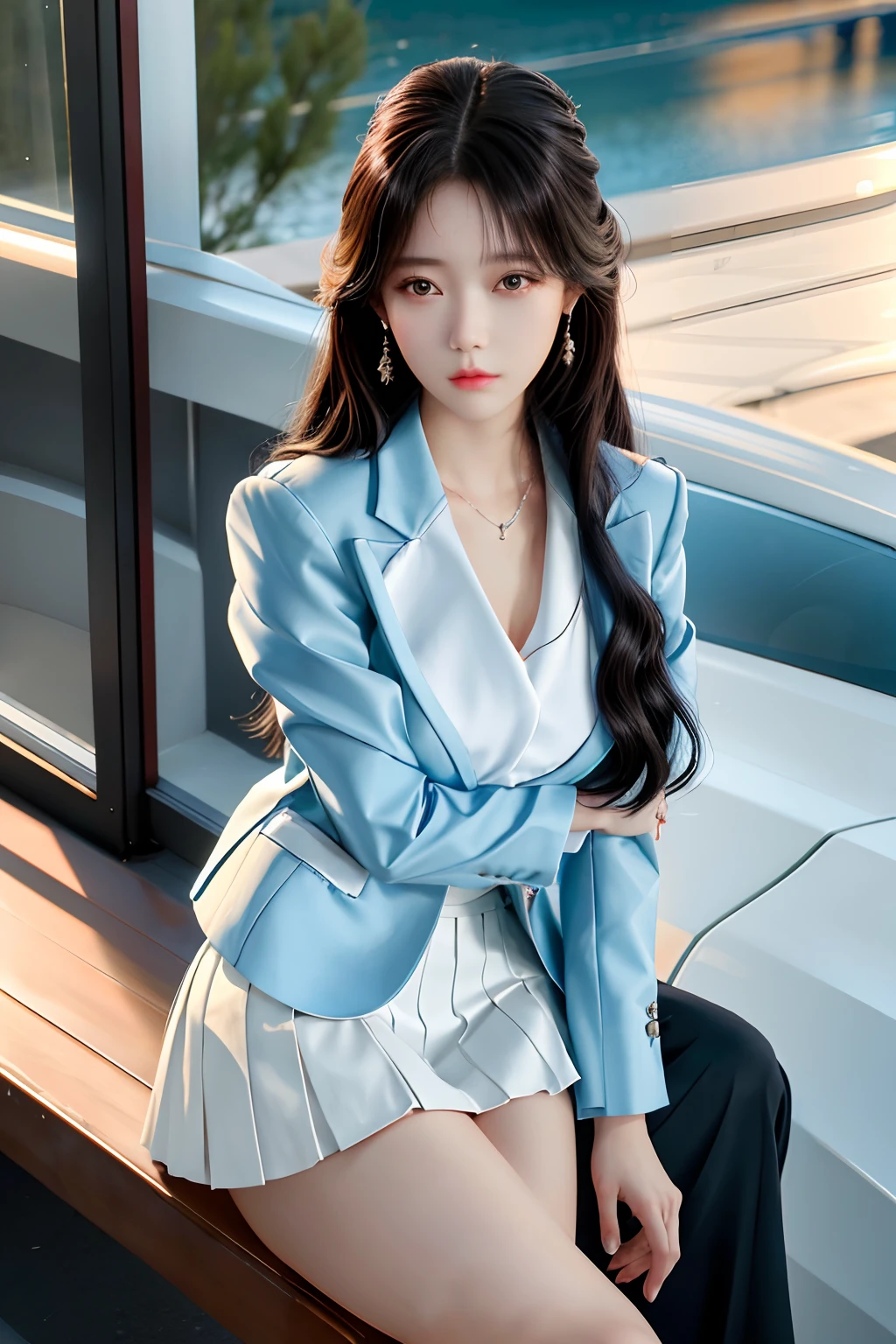 top-quality, masterpiece, 1girl in, 美丽的面容, (photographrealistic:1.3), Rim lighting, (High Detail Skins:1.2), 8K UHD, Digital SLR, hightquality, hight resolution, 4K, 8K, bokeh dof, absurderes, best ratio four finger and one thumb, (realisitic:1.3), pretty 1girl, Wearing a white formal blazer, a short skirt,Perfect five fingers