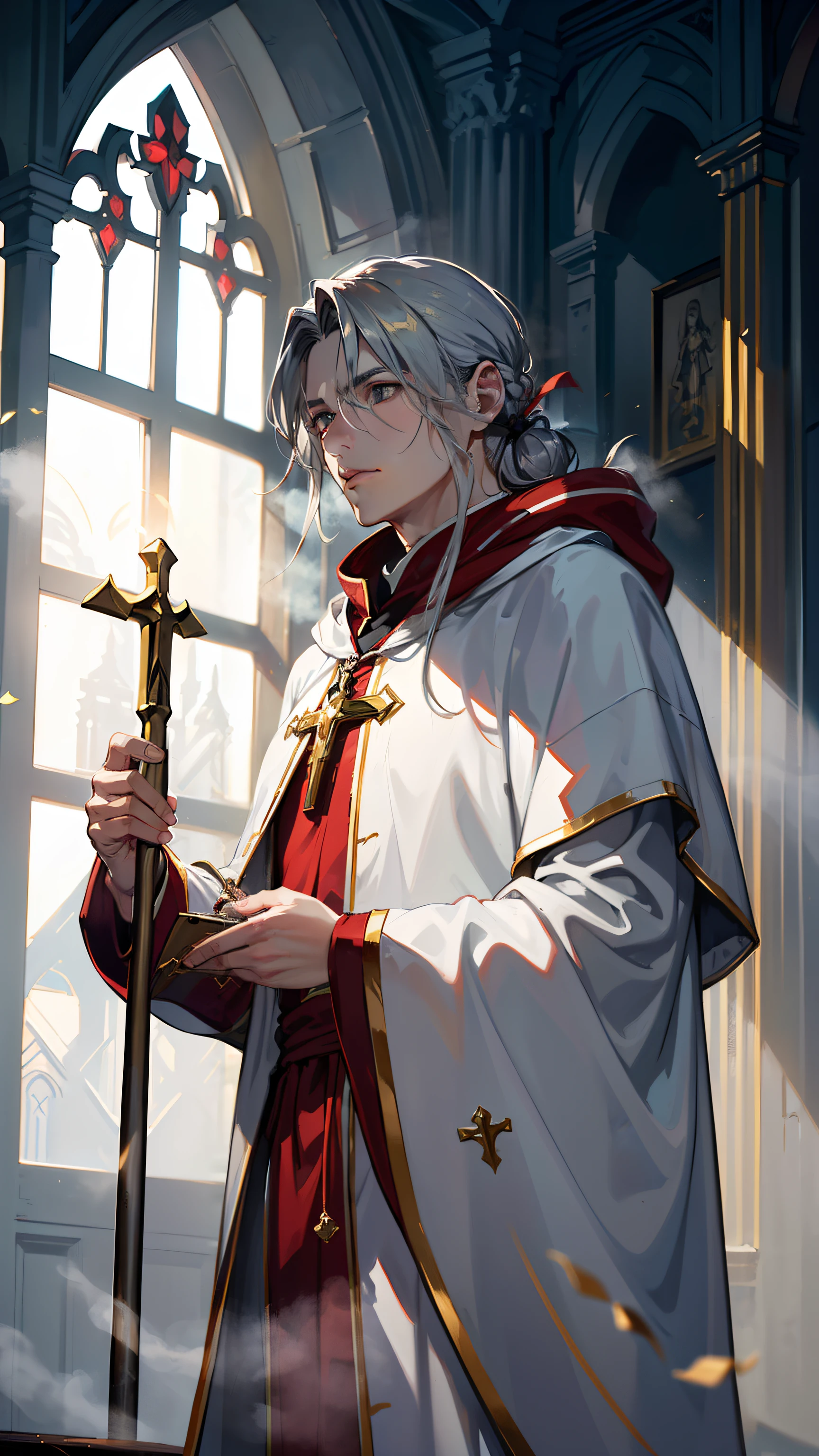 (((((male))))), masterpiece, ultra detailed, 8K Portrait, Raw photo, man's portrait photography, ((cowboy shot)), Highly detailed face, ((Fantasy)), gentle ((middle age)) man, 47 years old, 1 man, (((priest))), standing with hands together, (((long gray hair tied back))), Hooded (((white and red silk long cloak))) Fluttering in the wind, (((white priest uniform)), ((equip a priest gold rod)), Midday Sun, Hyper realistic, Long legs, In the church, Ambient lighting, Shadow details , Camera focus on face, strong breeze, Light fog
