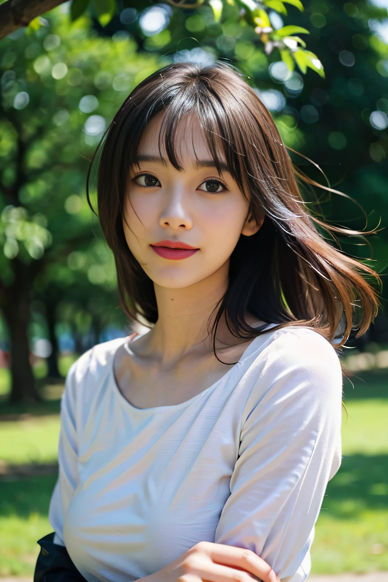 (japanes),(30-years old), (Slender woman), (small tits),flat breast,(Slender eyes),((Narrow-eyed)),((eyes are small)),((Single eyelid)),(nerdy),(nerd),(Long face),(Sober face),(Modest and inconspicuous face),(Fox-like face),((the front teeth protrude slightly)),(She is short in stature),(She wears almost no makeup),Natural makeup,(thin lipss),Smiling,(The length of hair to the shoulders),(Hairstyle is straight),((Ears are hidden by hair)),Black hair,Bangs are as long as eyebrows, (The forehead is hidden by bangs),(She is in a well-lit park),(She has small breasts), (((She wears a big navy blue t-shirt))), ((She wears a long skirt in beige)), (Photorealistic), (Ray tracing), (Sharp Focus), 鎖骨, (Detailed face), natural and realistic skin textures, Soft face, (((Cameltoe))),((perfect anatomia:1.4))
