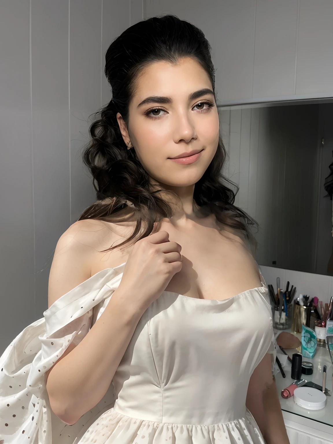 (realistic,photorealistic:1.37),best quality,(ultra-detailed),white silk dress with a high neck and wide sleeves, elegant and flowing, detailed texture of the silk fabric, intricate red polka dot print, contrasting and eye-catching, the dress fits perfectly on the wearer's body, enhancing their graceful figure, soft and delicate folds, capturing the realistic draping of the fabric, every thread and seam meticulously portrayed, fine craftsmanship evident, the dress exudes class and sophistication, creating a stunning visual impact, subtle play of light and shadows on the dress, highlighting its texture and volume, giving it a three-dimensional feel, vibrant and lifelike colors, capturing the intricate color palette of the polka dot print, the red dots popping against the white background, adding a touch of playfulness and charm, exquisite attention to detail in the overall design, showcasing the beauty of the dress in its entirety, the wearer radiating confidence and elegance, surrounded by an enchanting ambiance, the perfect setting to showcase the dress's beauty, soft natural lighting, accentuating the dress and the wearer's features, creating a dreamy and ethereal atmosphere.