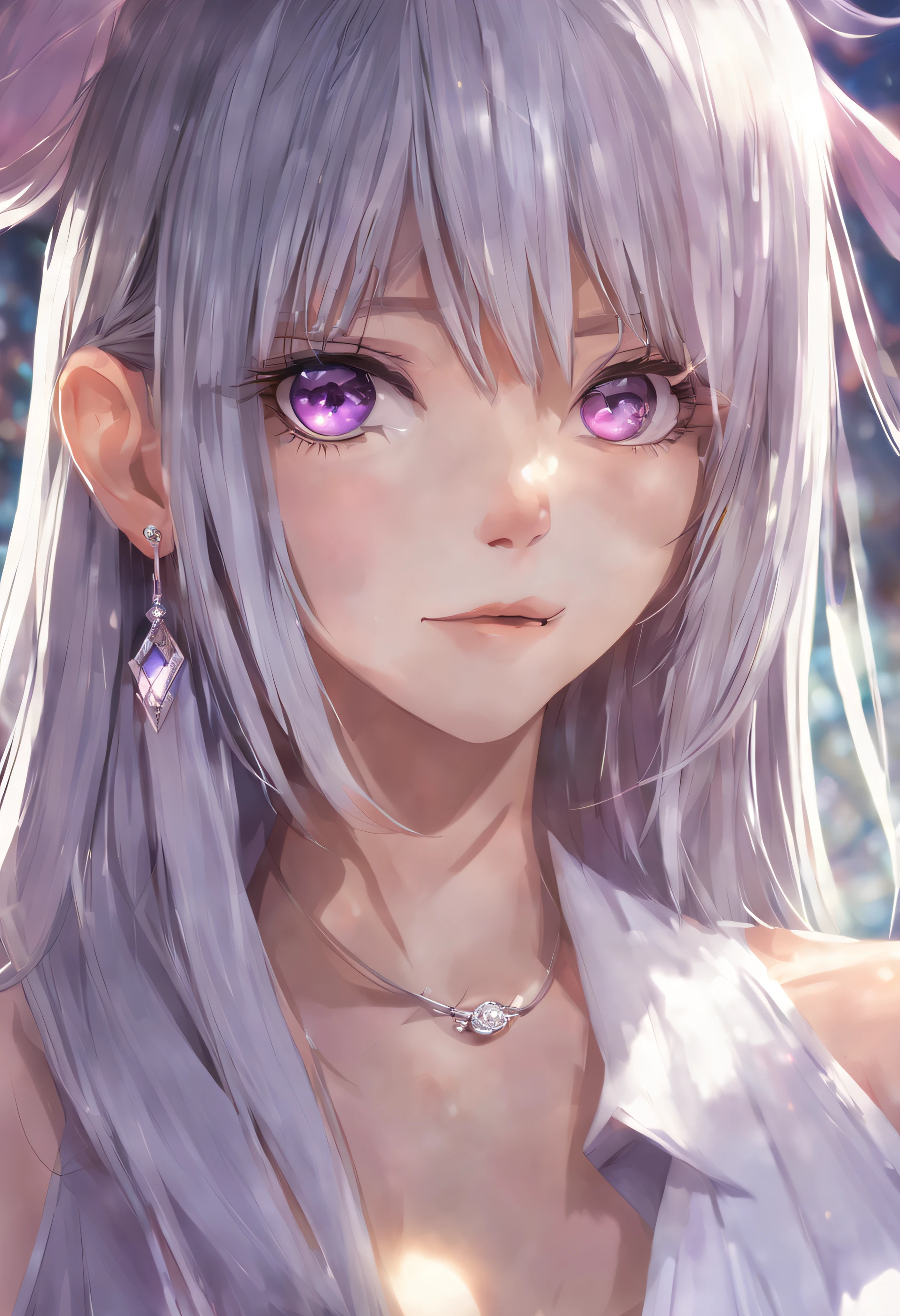streaked hair, silver hair, bangs, asymmetrical hair, long hair, wavy hair, hair over one eye, hairclip, hair ribbon, forehead jewel, mole under mouth, mole under eye, purple eyes, earrings, light smile, anime, depth of field, blurry, UHD, super detail