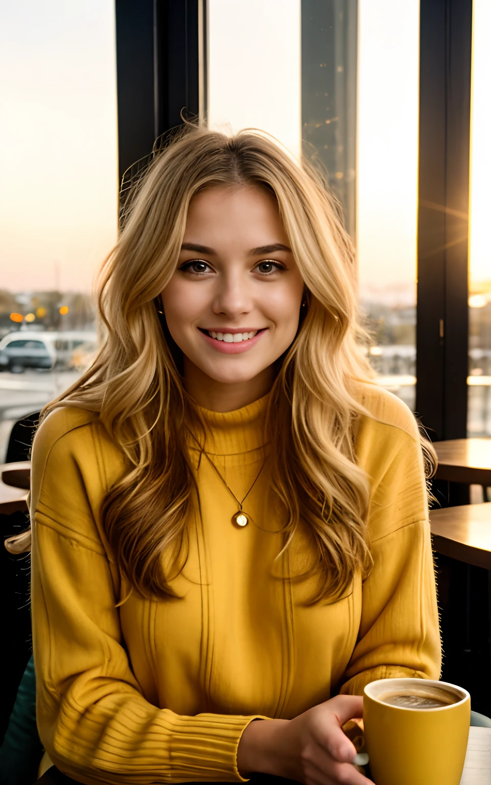 Cute beautiful blonde woman with long wavy hair wearing yellow sweater (in a modern café at sunset),28 years old, flirts with the camera,  4k, subtle smile, Canon, 85 mm, light depth of field, Kodak ektar 200, perfectly fitting body, extrem details ,UHD
