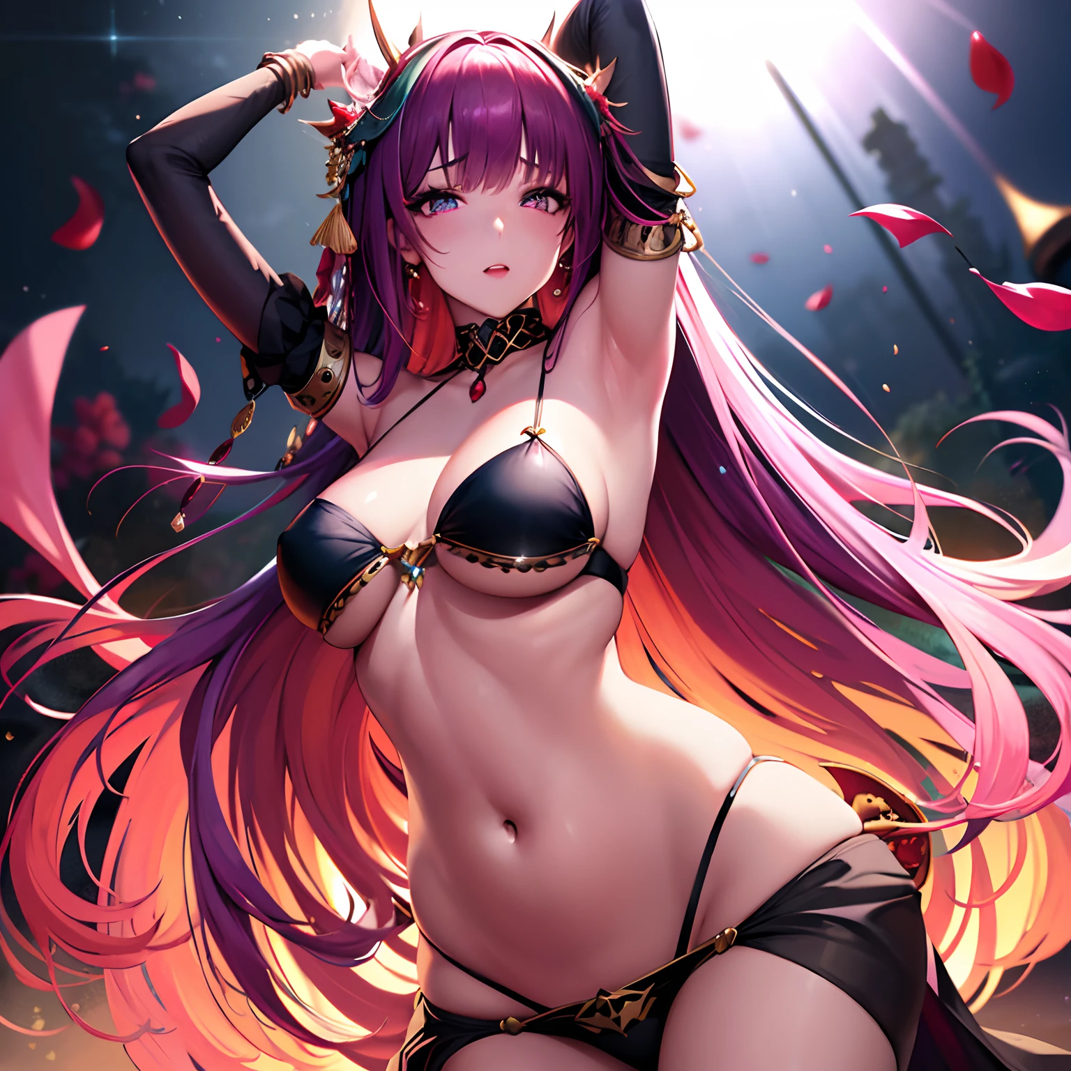 finest image, (8k, RAW photo, realistic), amorous expression, lewd expression, pink eyeshadow, cute girl, blue shining big eyes, heavy makeup, dark green hime cut, flat chest, slender, red big thick lips, belly-dance costume, blurry background black, falling red petals, iridescent golden particles