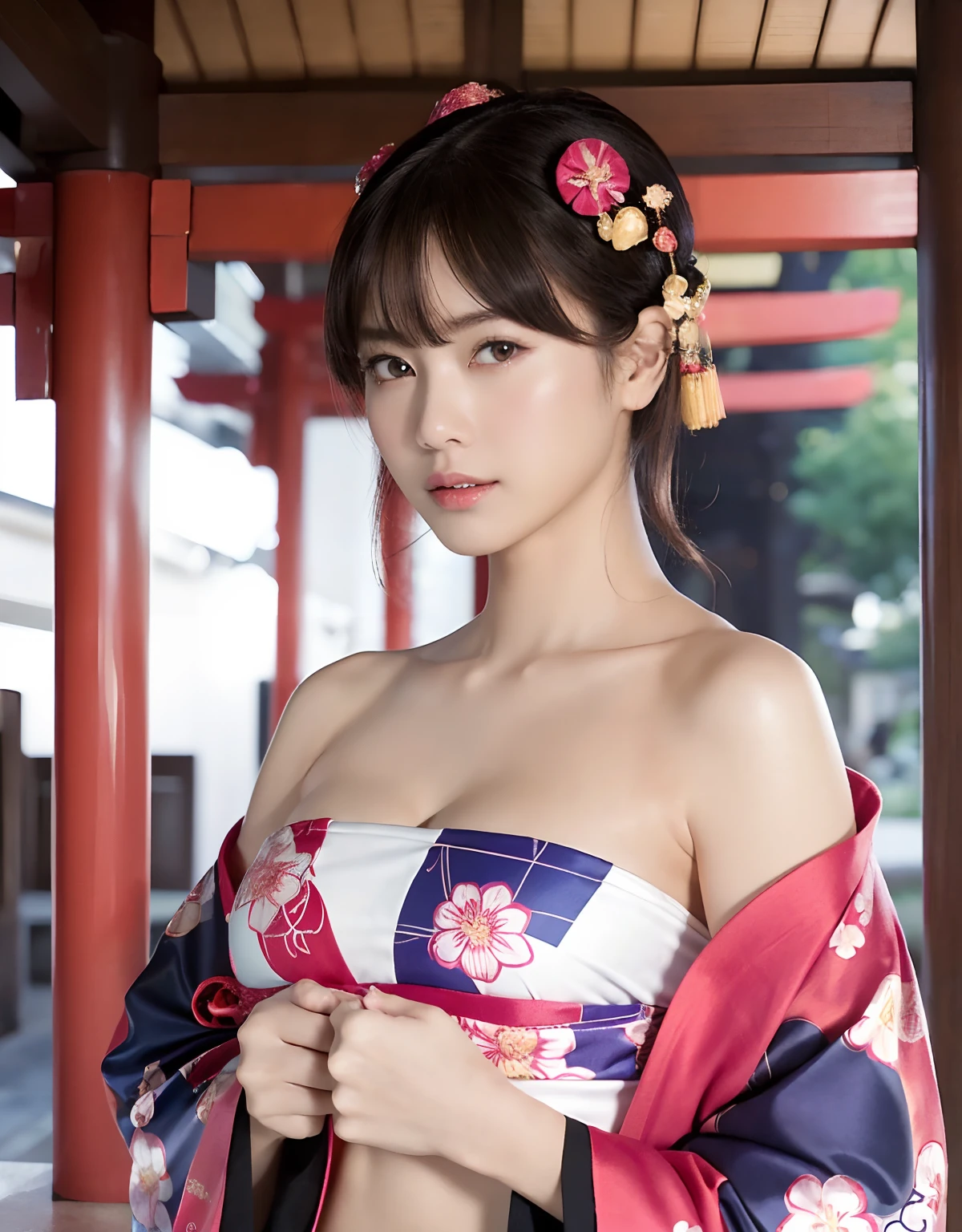 ((oiran woman)),(top-quality、8K、32K、​masterpiece、超A high resolution、nffsw:1.3)、(Japan idol:1.3)、1girl in、(Colossal tits)、((extremely heavy breasts)),(short-hair)、abdominals、the perfect body、(((Armpit))),((oiran woman)), Delicate facial features, Ultra-realistic, Hyper-realistic, 鎖骨、Shadow、octan render、((maikurobikini)),((Wear a beautiful kimono with a high degree of exposure)),hyperdetailed face、Detailed lips、finely eye、二重まぶた、(魅惑的)、((agitation:1.5))、maikurobikini、((Navel))、Armpit、((Female ninja)),Kunoichi Ninja、Throw shurikens、Japan holding a sword、Mystical expression、shrine background、Old Town of Japan、((heavy breasts)),Toostock、mecosuji、Kimono with colorful floral pattern、highcontrast、(((Brightly colored kimono))),heavy breasts、((Glamorous Jar)).((Take a variety of sexy poses)),flicker、Kimono comes off、