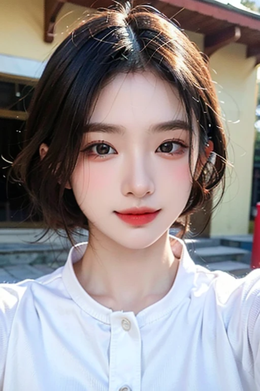 8K,extremely detailed eye、extra detailed face、best qualtiy、​masterpiece、ighly detailed、ultra-detailliert、(realisitic、Photorealsitic:1.3)、(skinny face:1.2)、A smile、(facing front)、Look at viewers、White button-up shirt、A clear day、outside of house、1 Girl's upper body