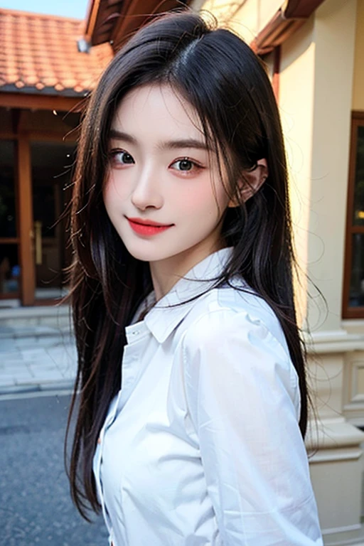 8K,extremely detailed eye、extra detailed face、best qualtiy、masterpiece、ighly detailed、ultra-detailliert、(realisitic、Photorealsitic:1.3)、(skinny face:1.2)、A smile、(facing front)、Look at viewers、White button-up shirt、A clear day、outside of house、1 Girl's upper body
