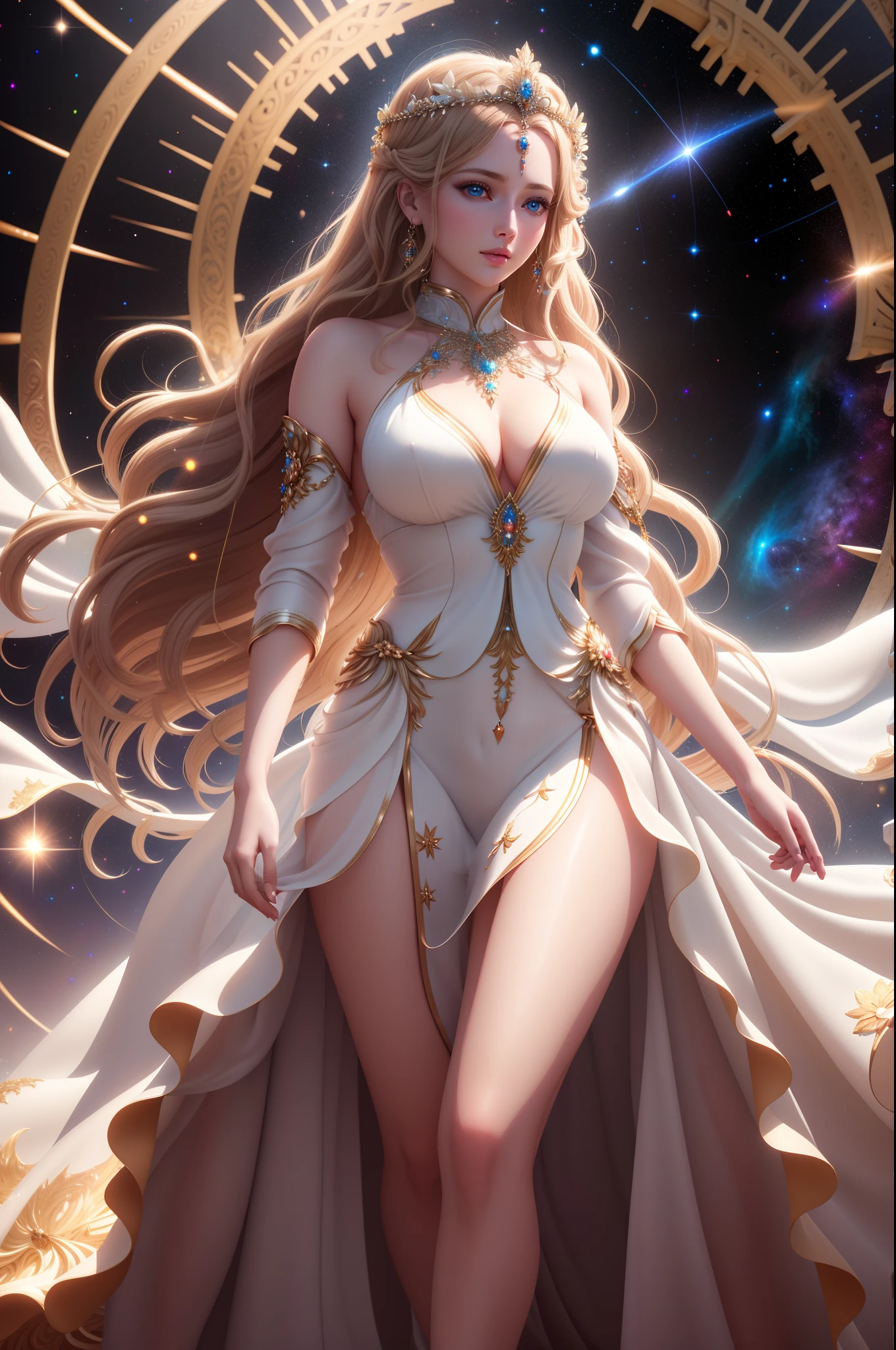 Ultra-realistic CG, digital photo, clean, Best Quality, flawless, portrait of a beautiful woman, Standing, Goddess, a goddess of creation, majestic white outfit, creating a universe, godly, lovely, 3Dmodel, Bokeh, Realistic eyes, Dark blonde hair, On the catwalk,
