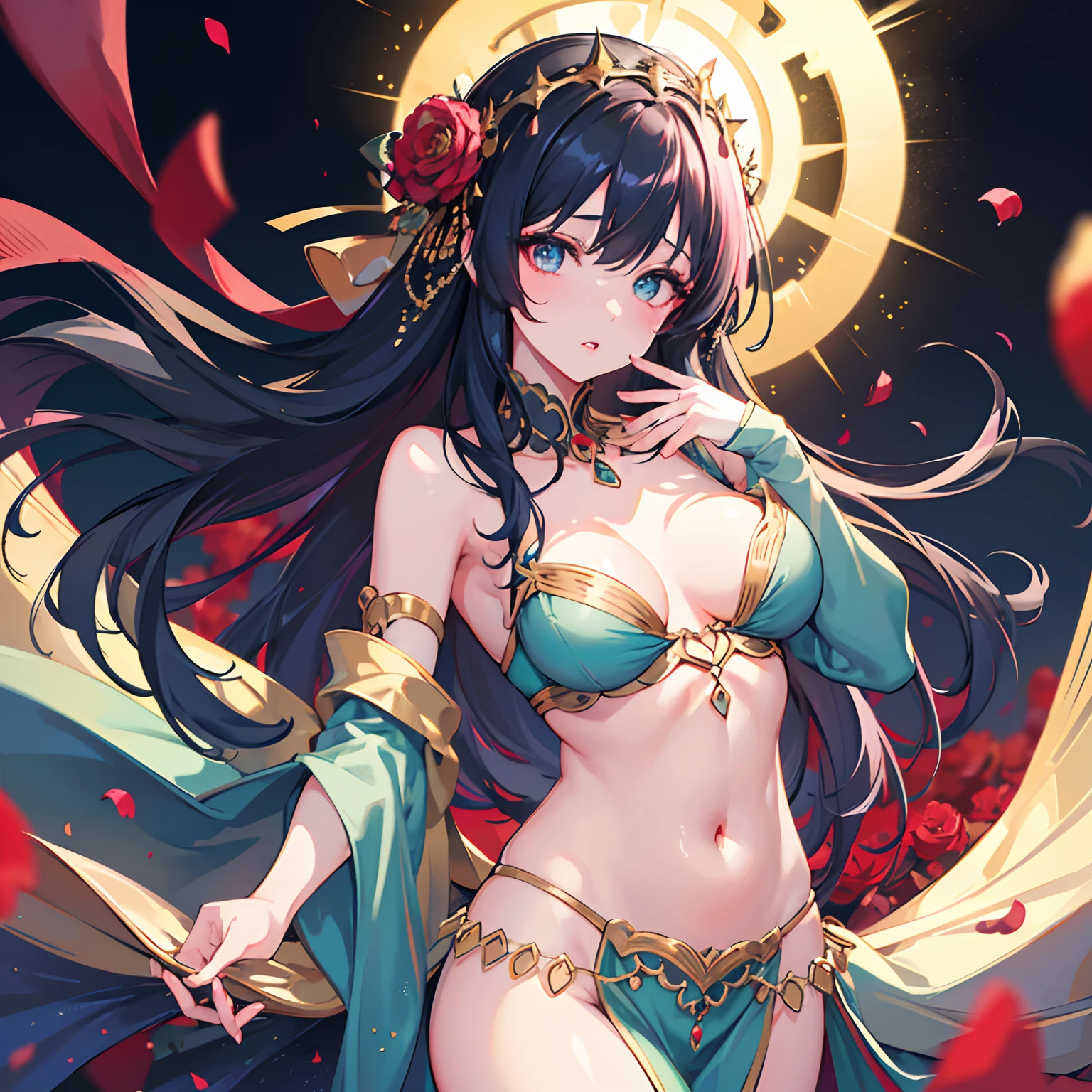 finest image, (8k, RAW photo, realistic), amorous expression, lewd expression, pink eyeshadow, cute girl, blue shining big eyes, heavy makeup, dark green hime cut, flat chest, slender, red big thick lips, belly-dance costume, blurry background black, falling red petals, iridescent golden particles