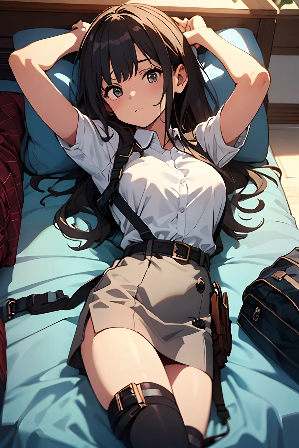 masterpiece、flat-colors、depth of fields、lens flare 1 girl、、Brown hair、watching at viewers black suspenders Bulging big breasts walls: Black miniskirt garters Gaze Small face bangss holster Belt Armament Beautuful Women srestrained hands up Lying in bed Sleep in a leg holster bed Pants in the gap 20hindquarters suits
