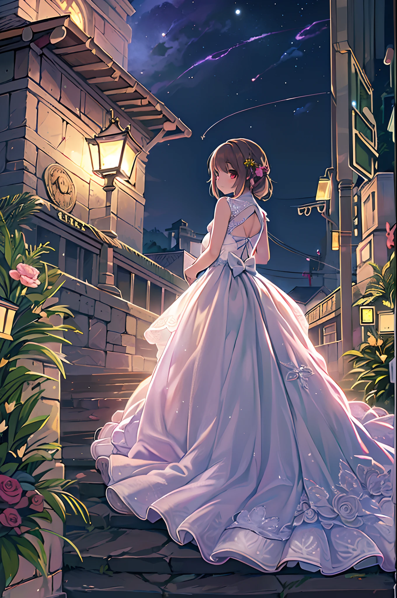 (Best Quality, High Definition, masutepiece:1.2,), Illustration, Night, 1girl in, Full body, (wedding dress), arm behind back, Waiting for a kiss, Looking at Viewer, Happy, blush,