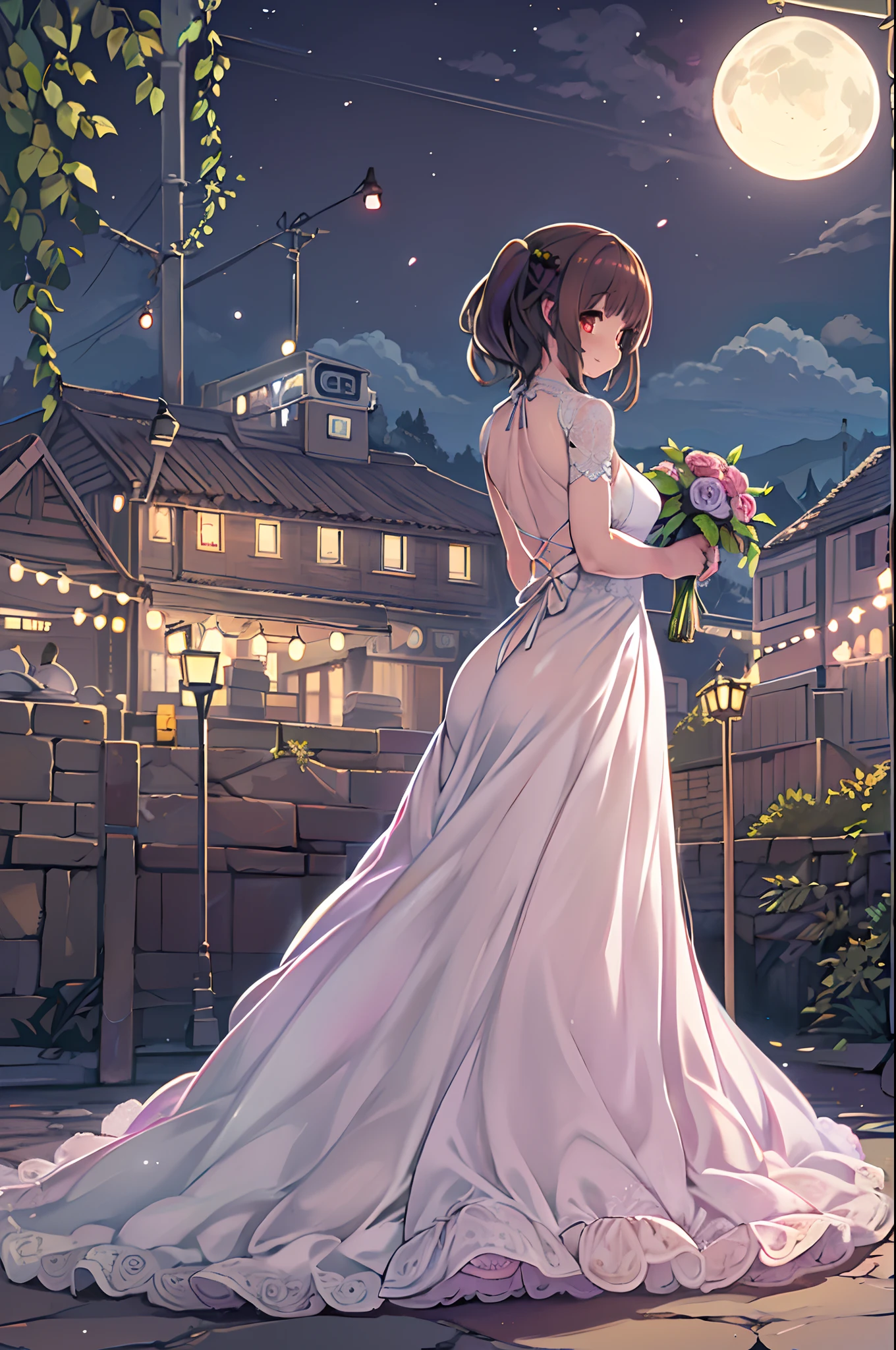 (Best Quality, High Definition, masutepiece:1.2,), Illustration, Night, 1girl in, Full body, (wedding dress), arm behind back, Waiting for a kiss, Looking at Viewer, Happy, blush,