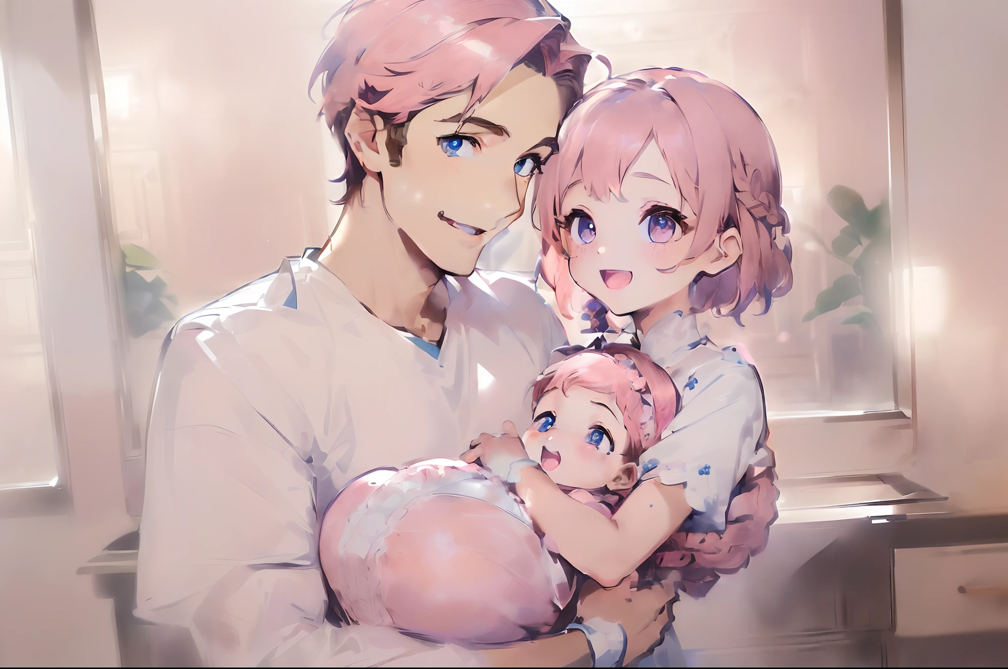 (masterpiece, detailed anime:1.3), (family of two,only three:1.3),(1brown-short hair smart face male:1.5), (1pink-hair cute baby:1.5), and another is(1chestnut-braid hair heart-sharp-face mother:1.3):1.5),(smile,happiness,open mouth:1.5),born a ,its a girl(the babglows ultra-detailed moist indigo eyes, gradient eyes, finely detailed beautiful eyes, symmetrical eyes, big highlight on eyes, detailed,compassionate eyes), (The father princess carry, the new born baby :1(the mother watches, with compassionate smile:1.3),(Background:splendid-maternity-hospital,in room:1.3),