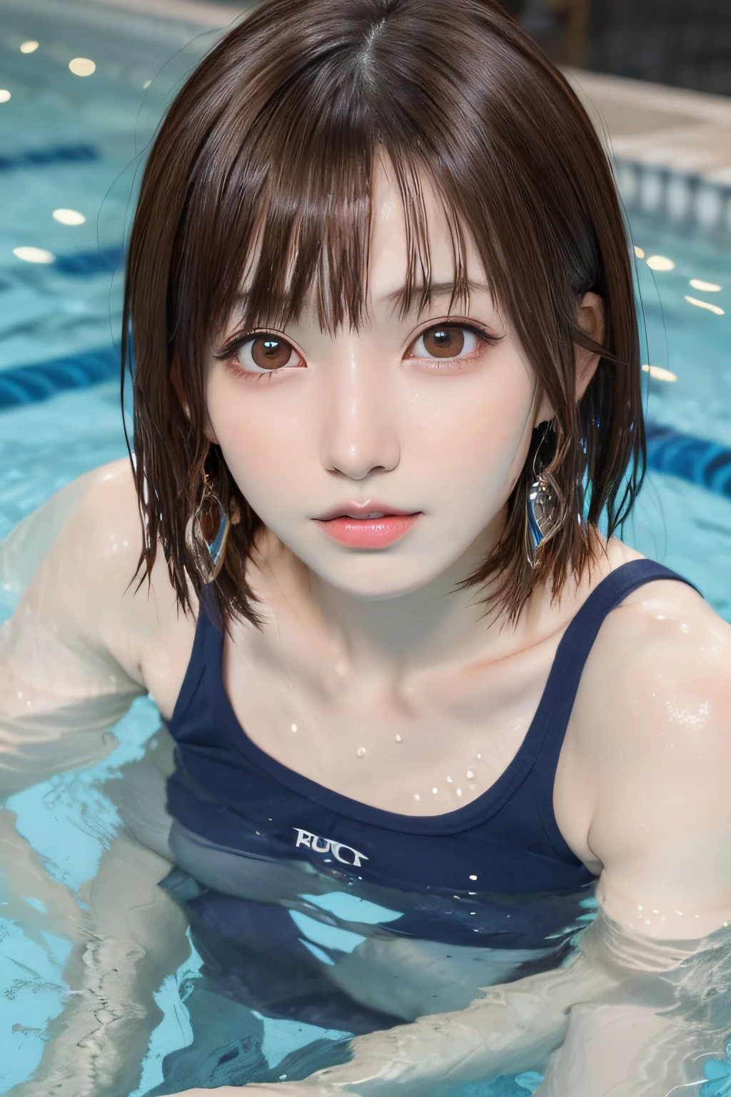 masutepiece, Best Quality, 1girl in, (a beauty girl, RPG Maker:1.2), (20 years old:1.2), Very fine eye clarity, (Symmetrical eyes:1.5), NSFW, (swimmning :1.5), Beautiful breasts, Brown eyes, Parted bangs, Brown hair, Top Teeth, abrasion, clear water
