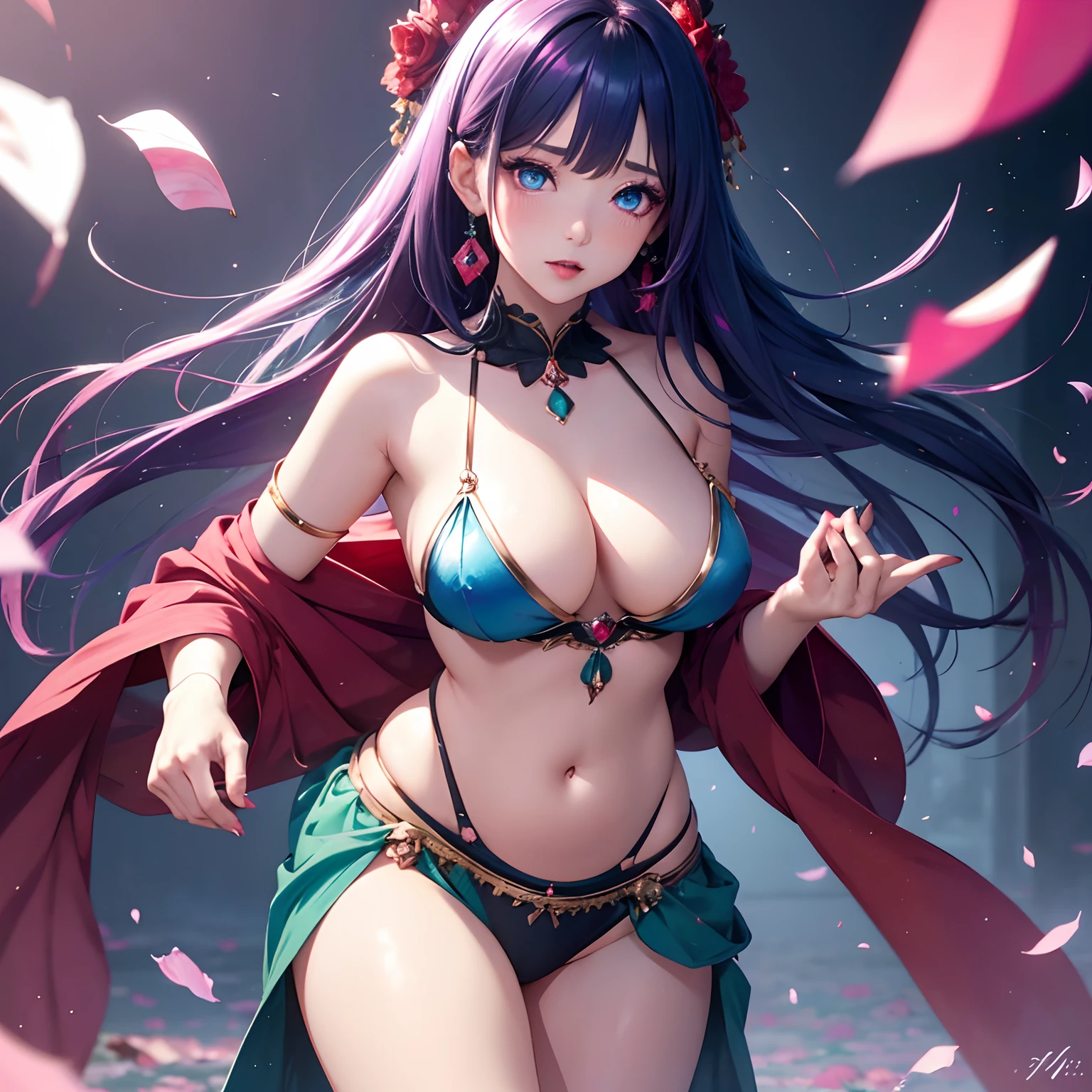 finest image, (8k, RAW photo, realistic), amorous expression, lewd expression, pink eyeshadow, cute girl, blue shining big eyes, heavy makeup, dark green hime cut, flat chest, slender, red big thick lips, belly-dance costume, blurry background black, falling red petals, iridescent golden particles