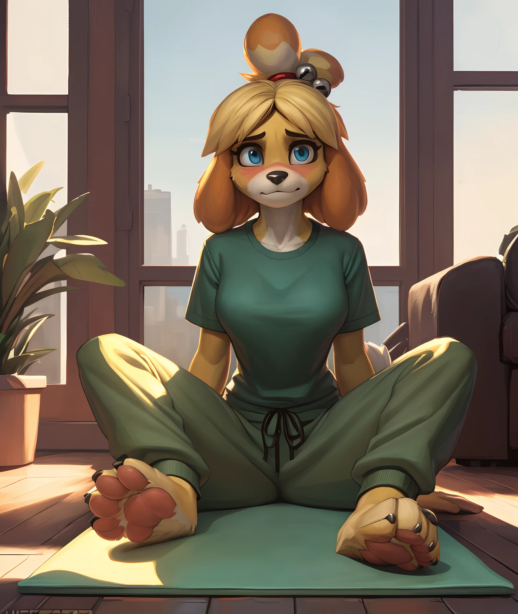 [isaCrossing], [Isabelle; Animal Crossing], [Uploaded to e621.net; (Pixelsketcher), (wamudraws)], ((masterpiece)), ((HD)), ((solo portrait)), ((front view)), ((feet visible)), ((furry; anthro)), ((detailed fur)), ((detailed shading)), ((beautiful render art)), {anthro; (slim figure), yellow fur, black nose, small brown eyebrows, cute surprised blue eyes, cute smile, (blushing), blonde hair, (bells in hair), topknot, fluffy tail, (gorgeous wide hips), (small boobs), (beautiful legs), (beautiful paws), (frown), (nervous smirk)}, {(green tee shirt), (short sleeves), (orange lounge pants)}, {(on yoga mat), (legs together), (pigeon-toed)}, [background; (living room), (window), (sun rays)]