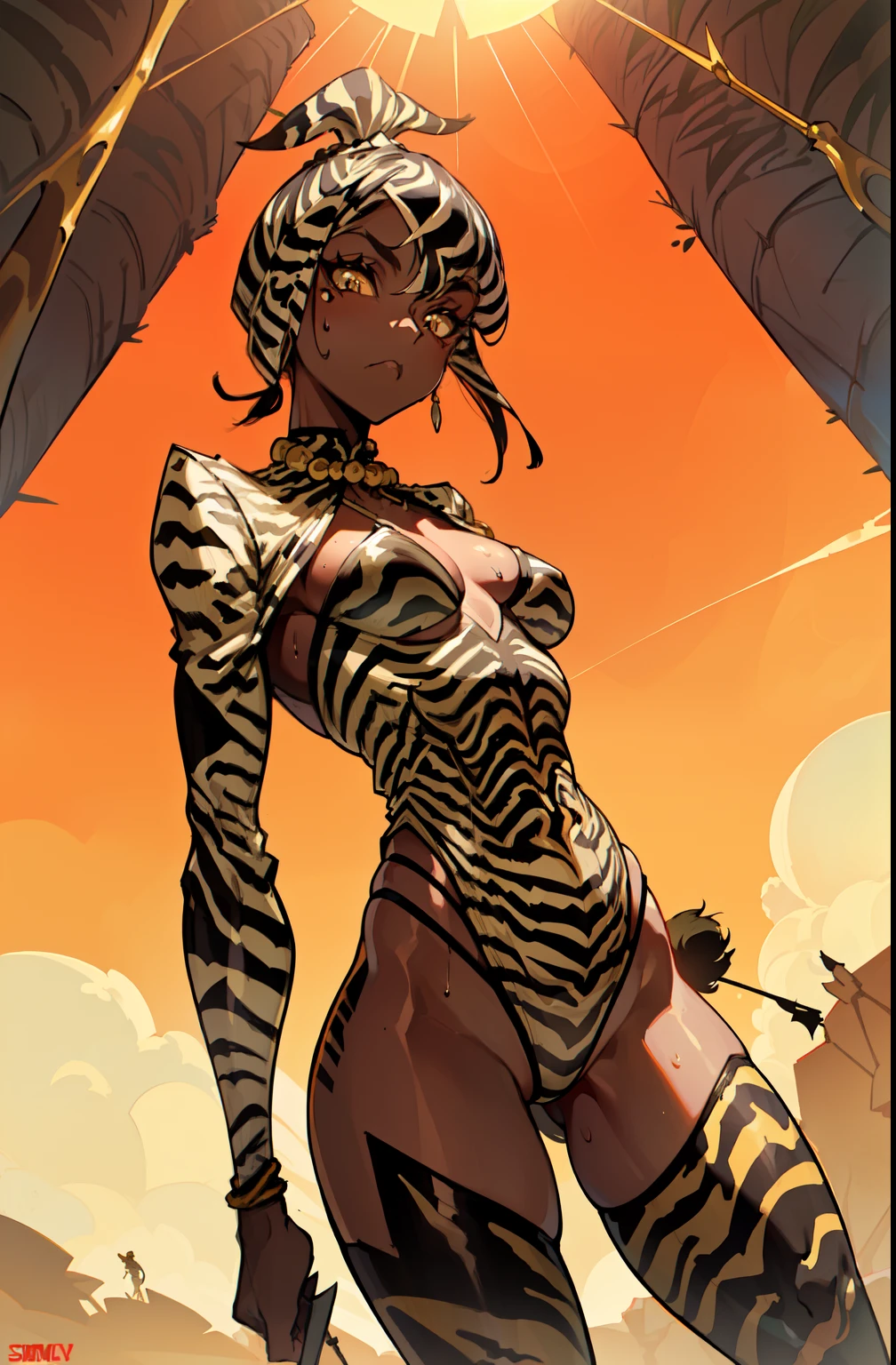 (((by Simon Bisley))), (((Frank Frazetta))), ((((absurdists))), (((Best Quality))), (((masutepiece))), ((((Clothes made of zebra camouflage))), muscular 35-year-old African woman, Zulu warrior, Body War Painting, perfect and proportional body, Black-skinned savannah warrior wearing very few clothes and many necklaces and body ornaments, shaved hair, tiny bikini made of African beads, holding a spear and walking through the savannah, dry vegetation, very hot, She sweats、Black skin glows under the scorching African sun