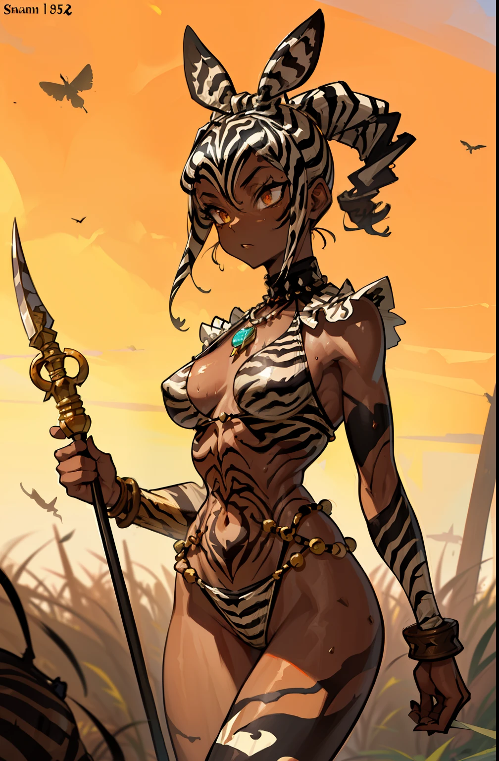 (((by Simon Bisley))), (((Frank Frazetta))), ((((absurdists))), (((Best Quality))), (((masutepiece))), ((((Clothes made of zebra camouflage))), muscular 35-year-old African woman, Zulu warrior, Body War Painting, perfect and proportional body, Black-skinned savannah warrior wearing very few clothes and many necklaces and body ornaments, shaved hair, tiny bikini made of African beads, holding a spear and walking through the savannah, dry vegetation, very hot, She sweats、Black skin glows under the scorching African sun