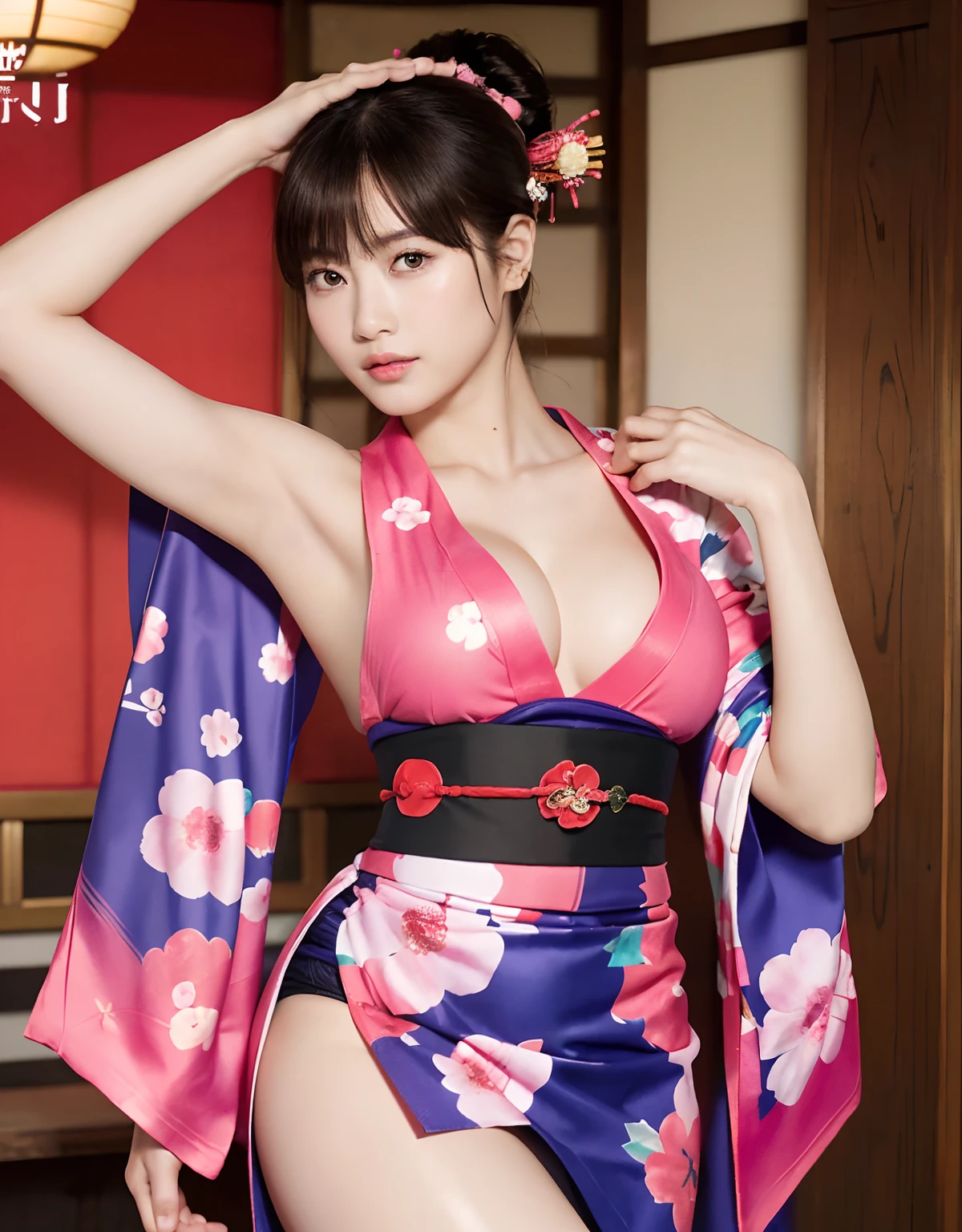((oiran woman)),(top-quality、8K、32K、masterpiece、超A high resolution、nffsw:1.3)、(Japan idol:1.3)、1girl in、(Colossal tits)、((extremely heavy breasts)),(short-hair)、abdominals、the perfect body、(((Armpit))),((oiran woman)), Delicate facial features, Ultra-realistic, Hyper-realistic, 鎖骨、Shadow、octan render、((maikurobikini)),((Wear a beautiful kimono with a high degree of exposure)),hyperdetailed face、Detailed lips、finely eye、二重まぶた、(魅惑的)、((agitation:1.5))、maikurobikini、((Navel))、Armpit、((Female ninja)),Kunoichi Ninja、Throw shurikens、Japan holding a sword、Mystical expression、shrine background、Old Town of Japan、((heavy breasts)),Toostock、mecosuji、Kimono with colorful floral pattern、highcontrast、(((Brightly colored kimono))),heavy breasts、((Glamorous Jar)).((Take a variety of sexy poses)),flicker、Kimono comes off、