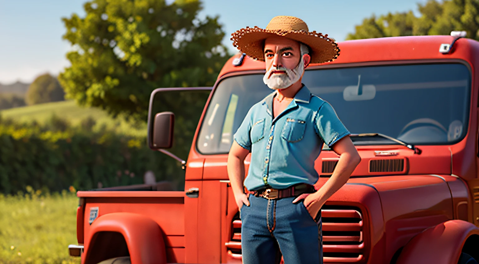 a man with a beard wearing a straw hat standing beside his truck, countryside, hi-res