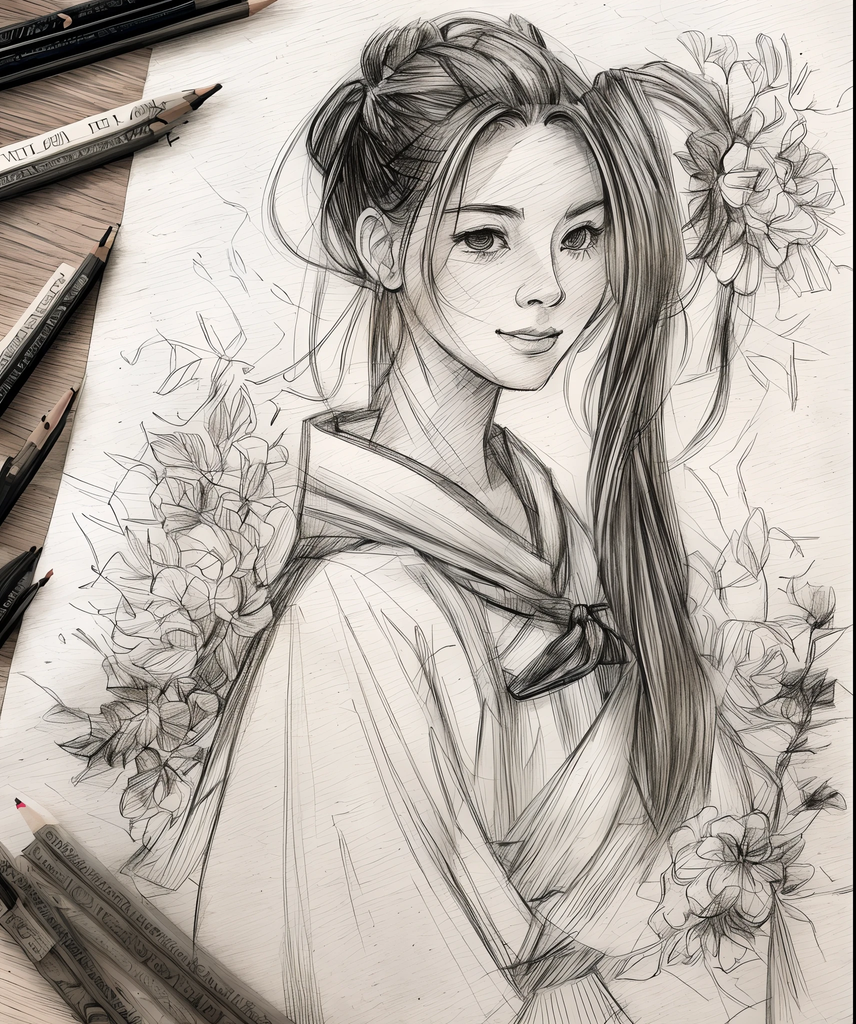Sketch art style, Grecaly, monochrome, ((Solo)), 1girl,solo,pigtails,jewely,Blushlush,耳Nipple Ring,blossoms,By bangs,Printing,looking at viewert,ssmile,long whitr hair,longer sleeves,florest background,The upper part of the body,shift dresses,Wrist watch,bangle,puff sleeves,Wrist watch,brunette color hair, shawl, single braid, ribbon, flor branca, shairband, Keep one's mouth shut, Raise Hand, Braided ponytail, Hanfu, whiteskirt, bluedress, Hand on chin, Traditional media, brown hair, ((Redraw the picture with a pencil sketch,Flat black and white sketch)), pencil drawing