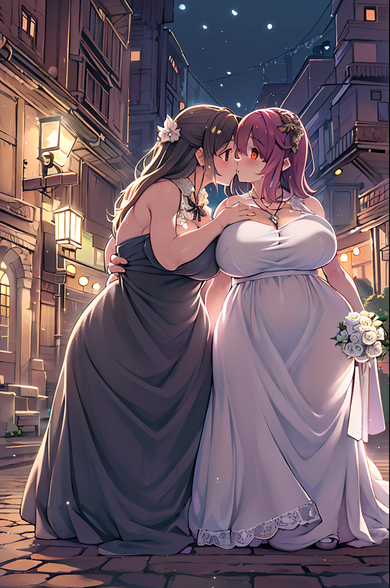 (Best Quality, High Definition, masutepiece:1.2,), Illustration, Night, 2girls, Full body, (wedding dress), arm behind back, Waiting for a kiss, Looking at Viewer, Happy, blush,lesbian、Girls to girls、huge-breasted、bbw