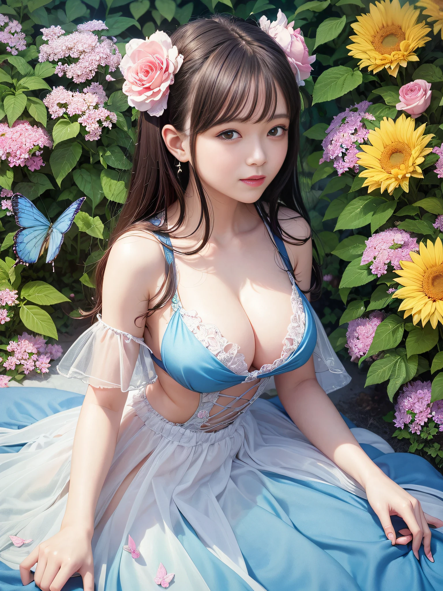 Beautiful woman in fairy costume, 22year old, Mature face, Amber eyes, Large breasts, Surrounded by flowers and butterflies. Content: Watercolor painting. Style: Capricious and delicate, Like illustrations in children's books.