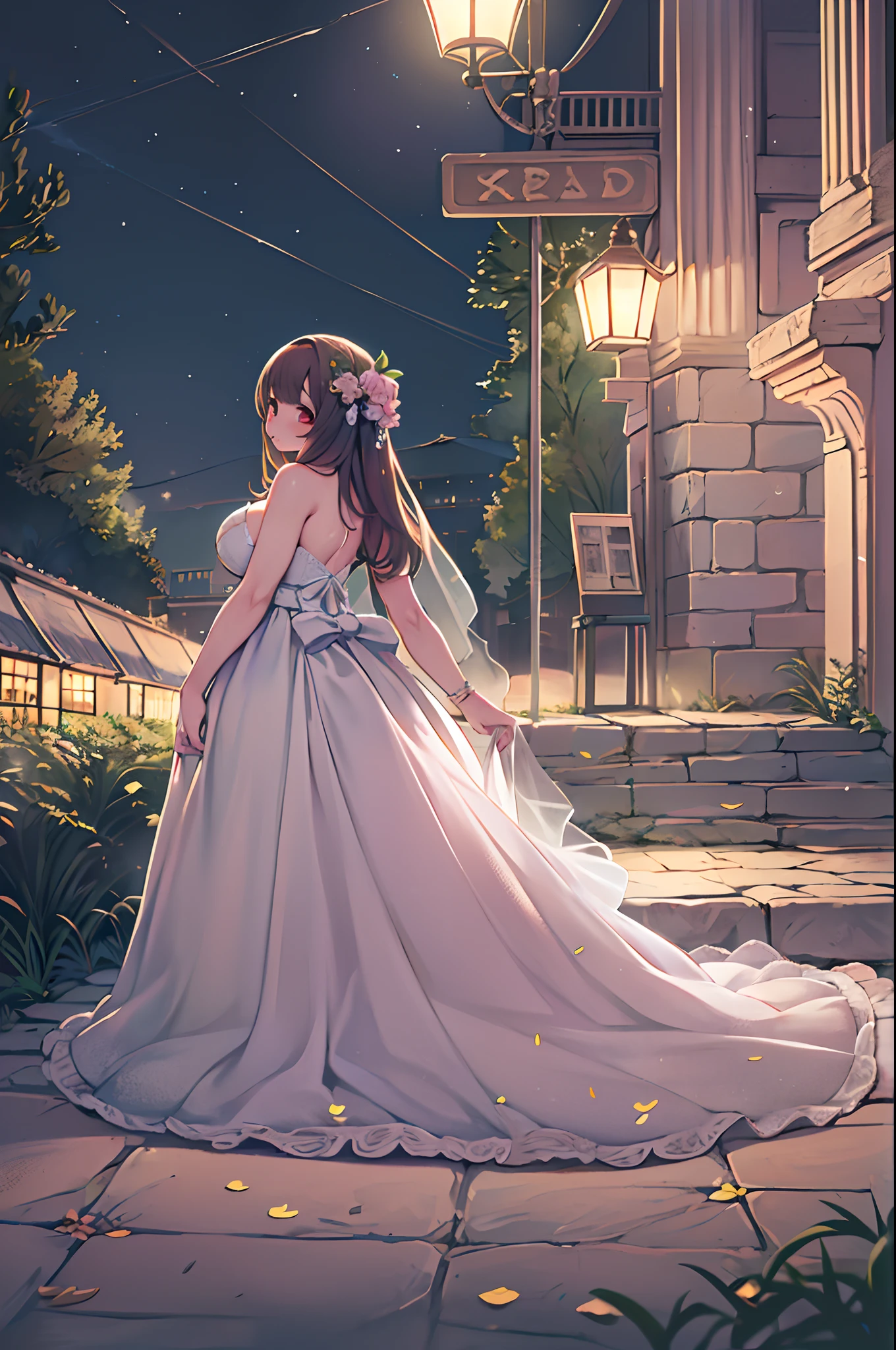 (Best Quality, High Definition, masutepiece:1.2,), Illustration, Night, 2girls, Full body, (wedding dress), arm behind back, Waiting for a kiss, Looking at Viewer, Happy, blush,lesbian、Girls to girls、huge-breasted、bbw